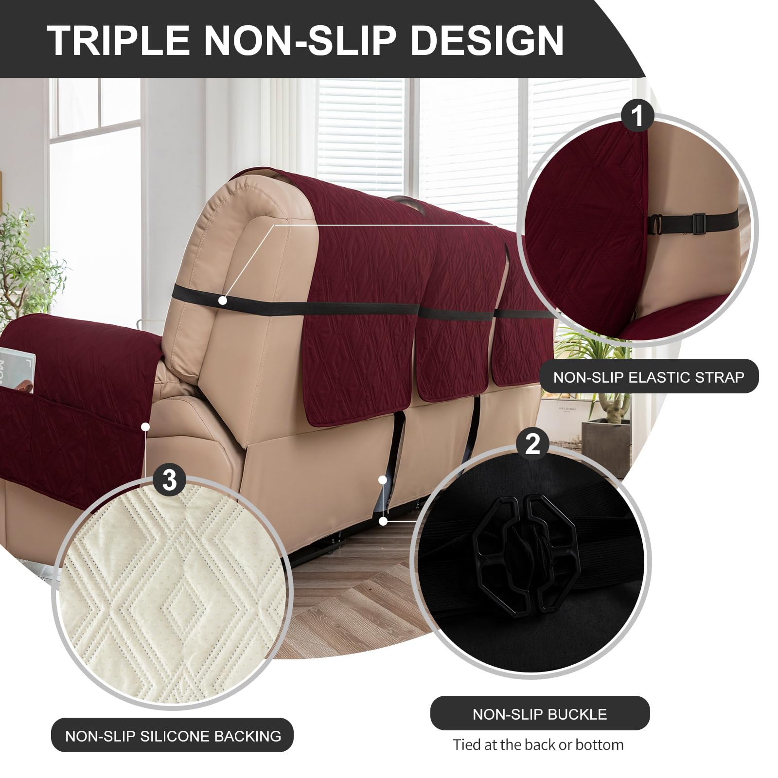 Waterproof Reclining Sofa Cover - Non-Slip Washable 3-Seater Couch Protector for Pets & Kids | Wine Red Furniture Protector for Recliner Couches | Perfect for Living Room, Family Room & Pet-Friendly Homes