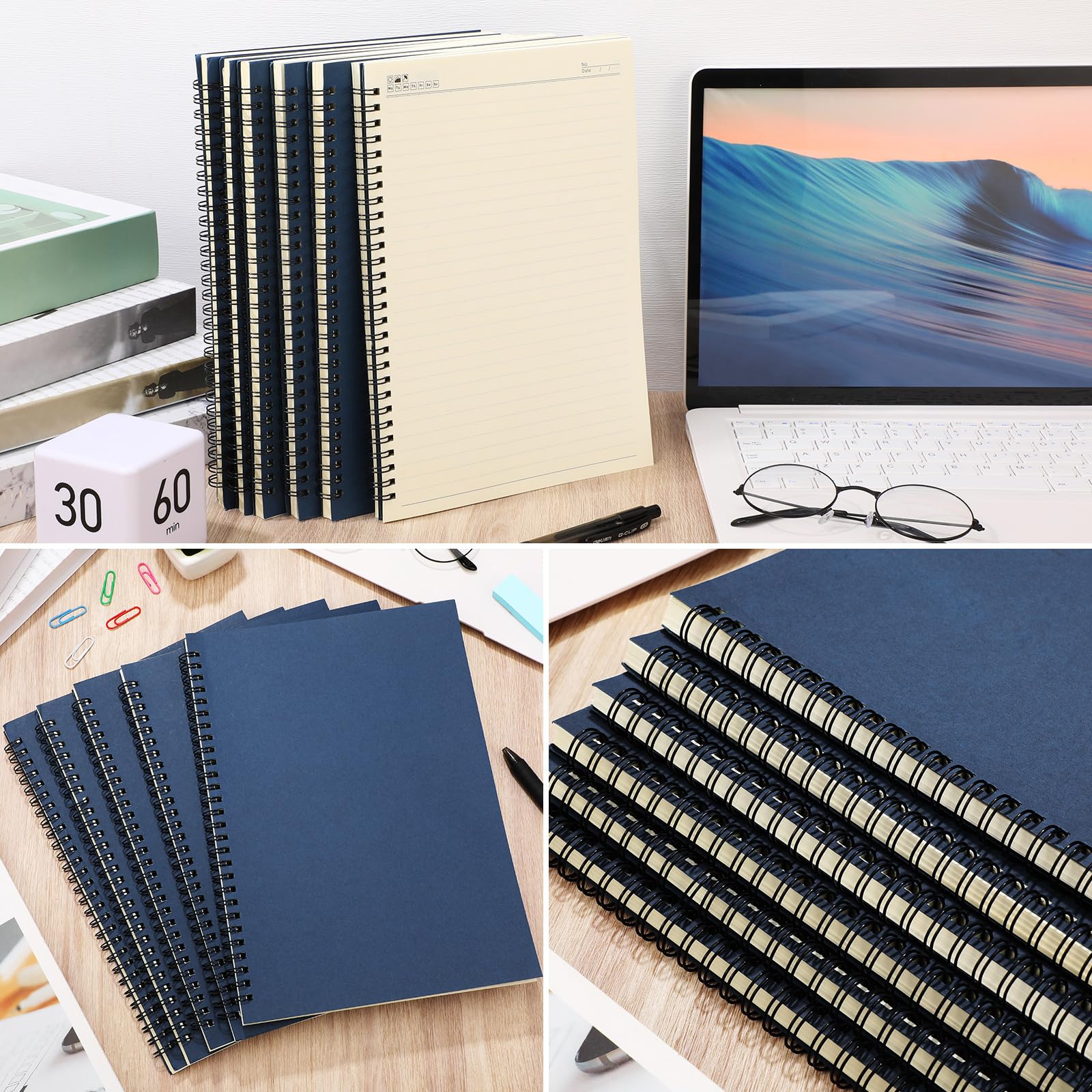 Epakh 6-Pack B5 Spiral Notebooks - 10.5 x 7.3 Inch Wire Bound Journals with Hard Cover, 70 Sheets/140 Pages Ruled Lined Paper - Perfect for Office, School, Travel & Sketching (Blue)