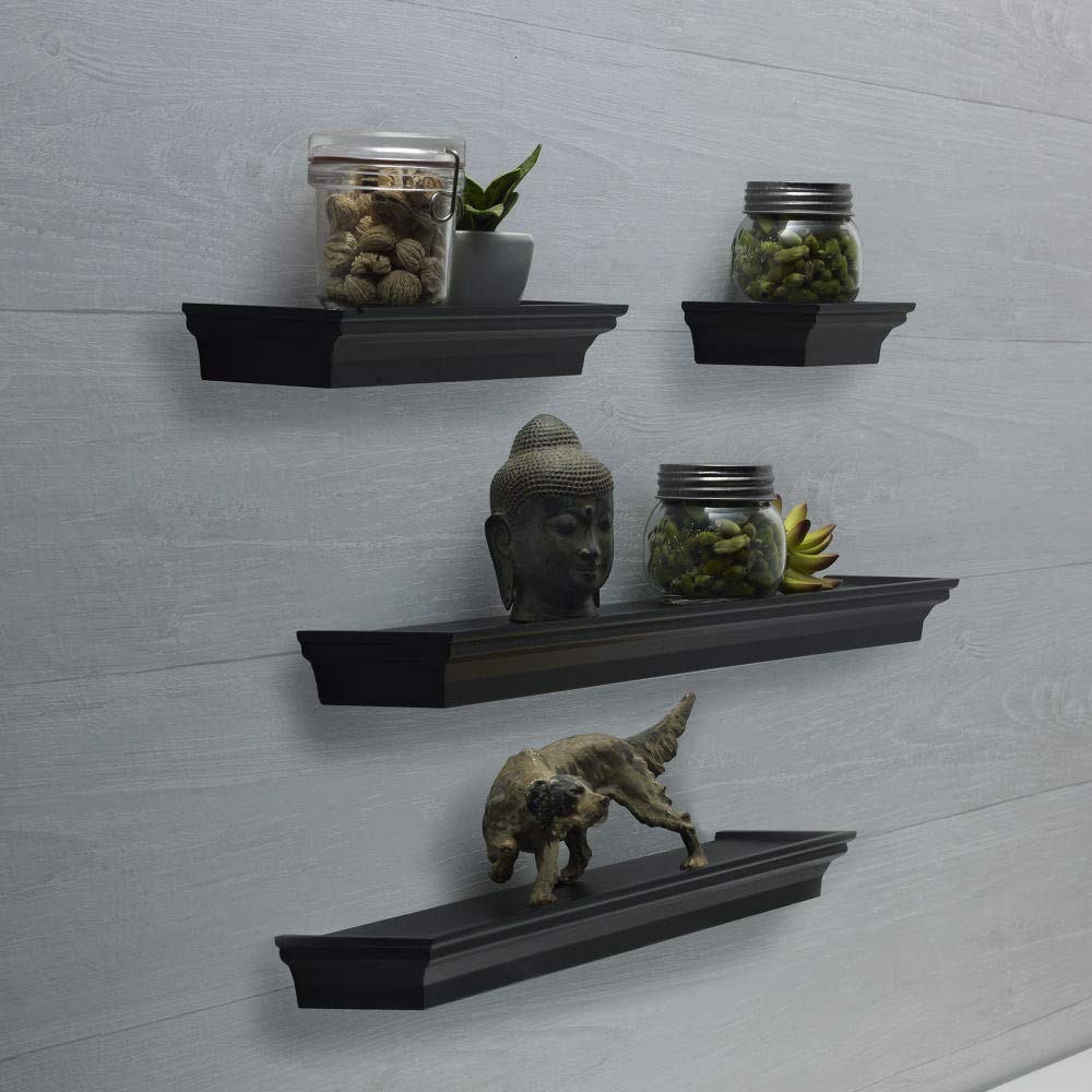 Melannco Floating Wall Shelves Set of 4 - Modern Black Wall Shelves for Bedroom, Living Room, Bathroom, Kitchen & Nursery - Space Saving Storage Solution for Home Decor, Books & Display Items