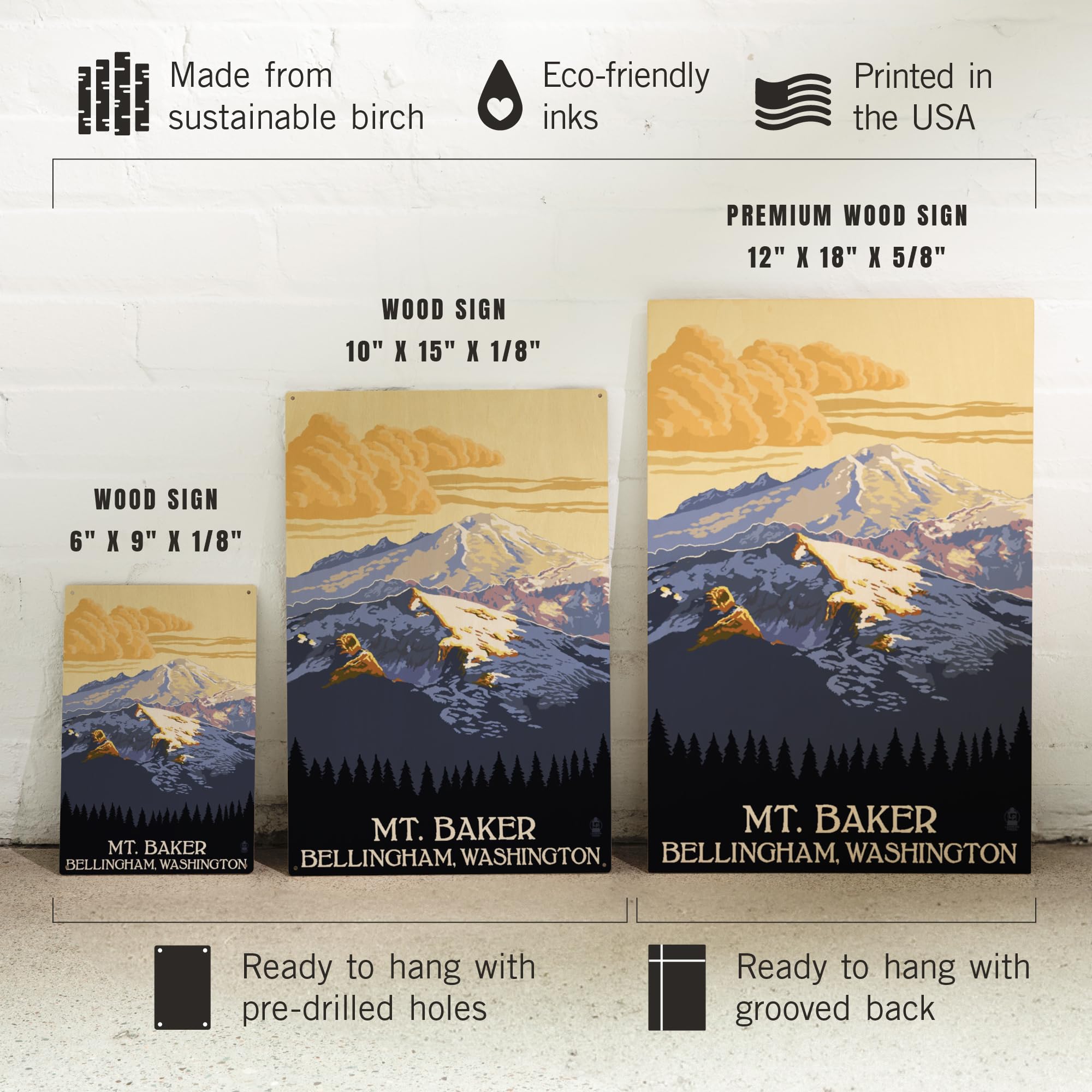 Lantern Press 10x15 Inch Wooden Wall Sign - Ready to Hang Home Decor Featuring Mt. Baker with Yellow Clouds Artwork from Bellingham, Washington | Perfect for Living Room, Bedroom or Cabin Decoration