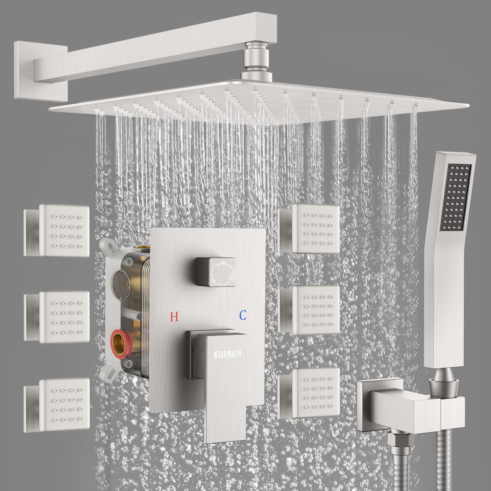 **STARBATH 12 Inch Rain Shower System with Body Jets - Powerful Rainfall & Handheld Spray Shower Set - Brushed Nickel Concealed Rough-in Mixer Valve - Perfect for Spa-Like Luxury Bathroom Experience**