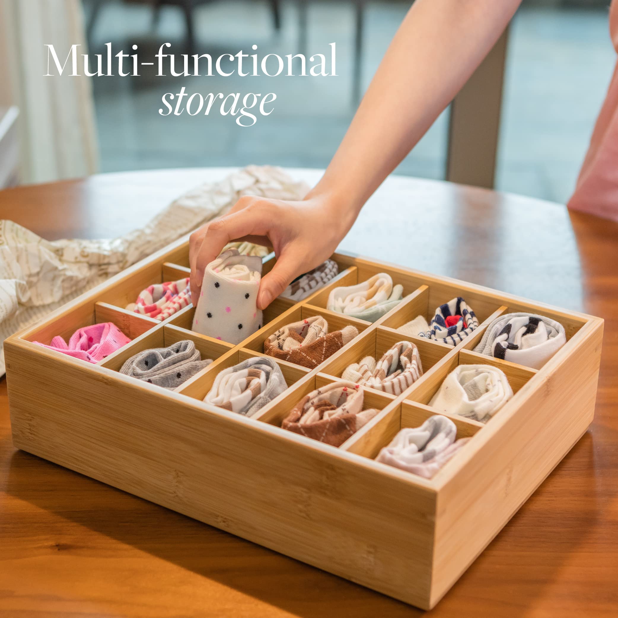 GOBAM Bamboo Drawer Organizer - 15 Compartment Storage Box for Belts, Ties, Bras, Underwear, Socks & Jewelry | Closet & Dresser Organization | Natural Wood Home Storage Solution for Bedroom & Bathroom