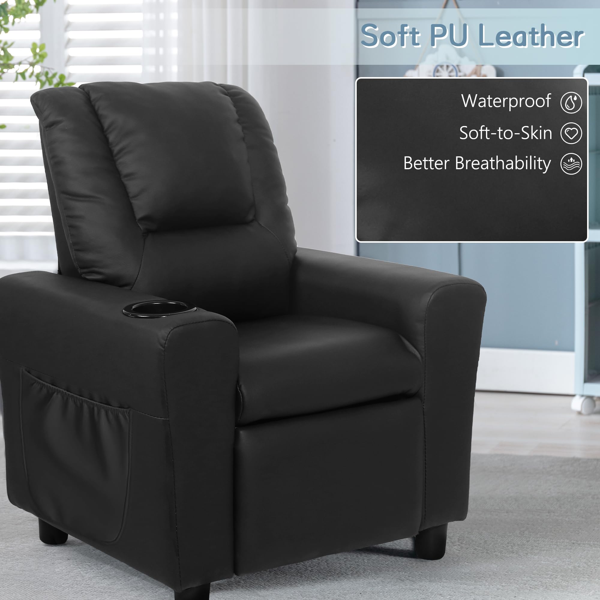 **Kids Recliner Chair with Cup Holder & Side Pockets - Toddler Recliner for Boys & Girls Ages 0-5, Non-Slip Footstool Included - Perfect for Playrooms, Bedrooms & Movie Nights (Black)**