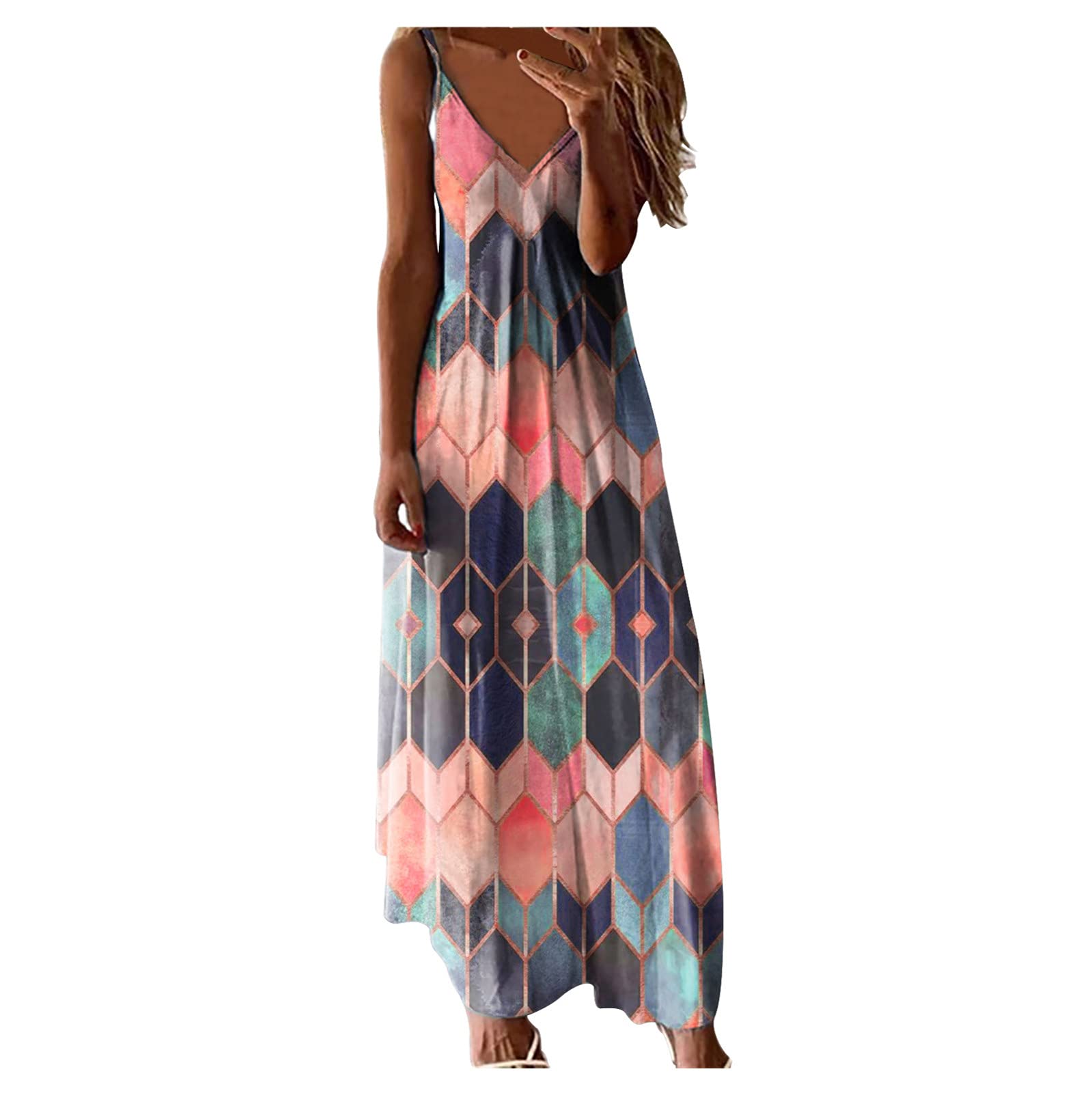 FABIURT Women's Deep V-Neck Tie Dye Maxi Dress - Floral Print Spaghetti Strap Long Summer Dress for Beach, Evening & Party | Perfect for Vacations, Date Nights, Outdoor Events & Casual Wear