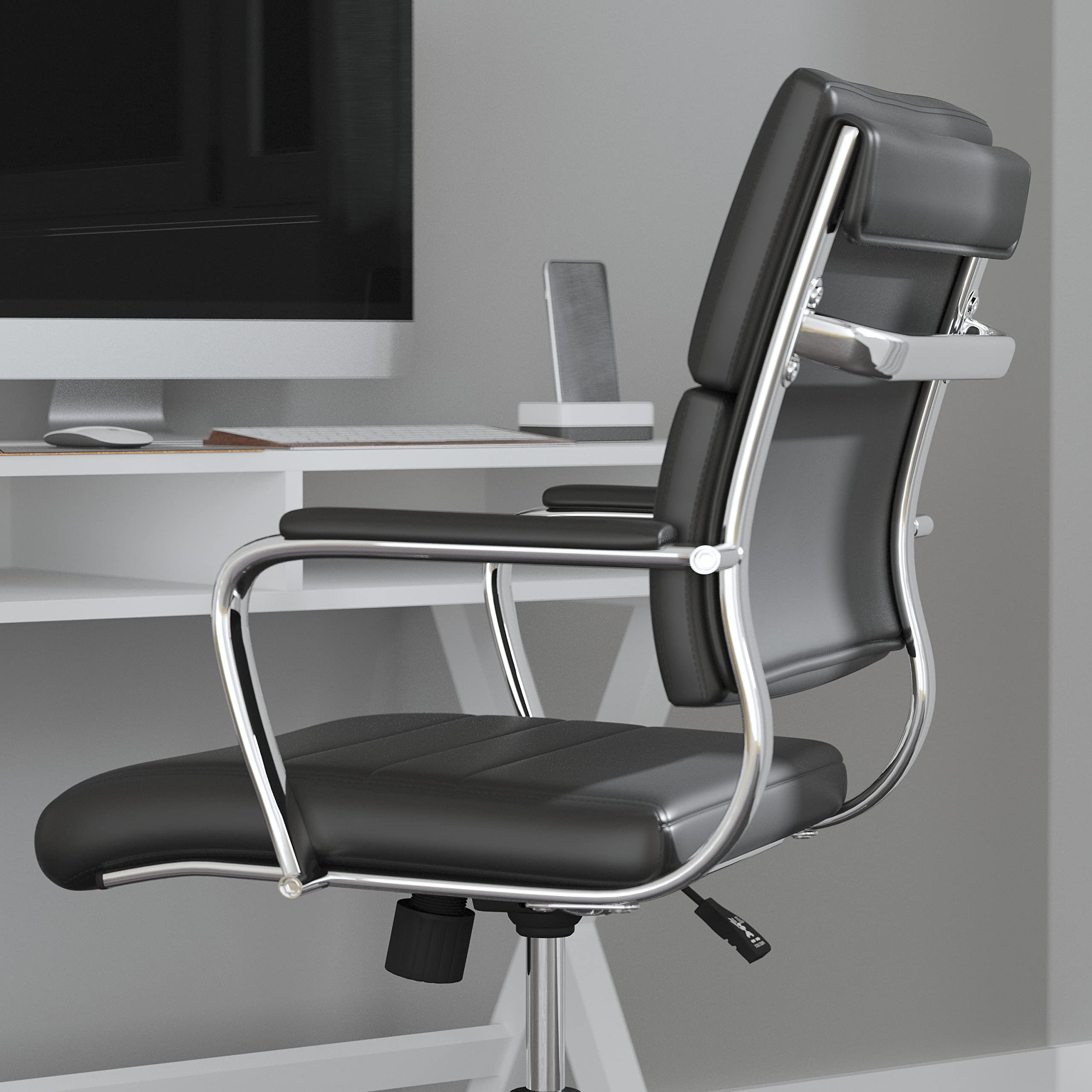Merrick Lane McEntyre Mid-Back Ergonomic Office Chair - Faux Leather Executive Swivel Desk Chair with Adjustable Height & Padded Arms - Modern Panel Back Design for Home Office & Workspace Comfort