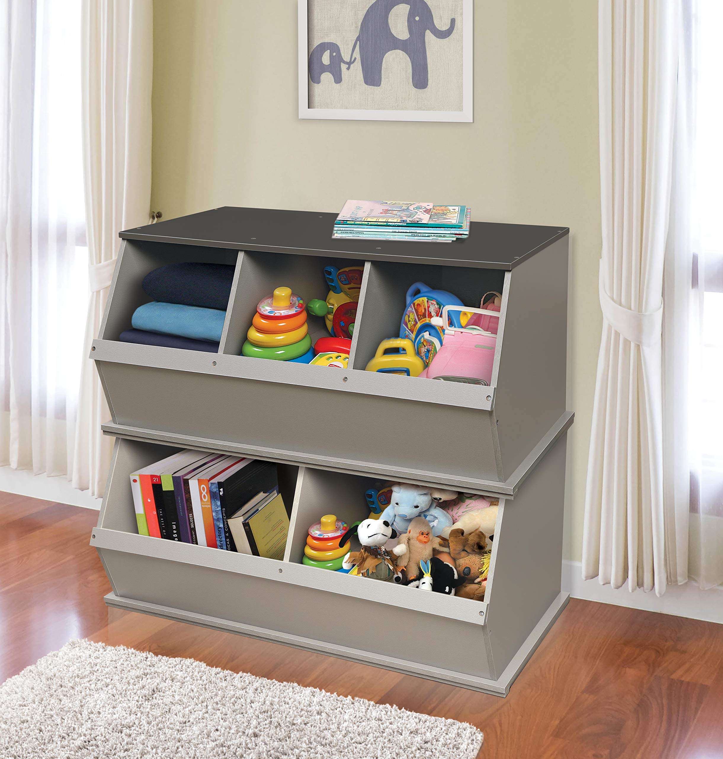 Badger Basket Two Bin Stackable Toy Storage Organizer - Woodgrain & Gray | Kids Room Organization, Playroom Storage, Nursery Toy Bins