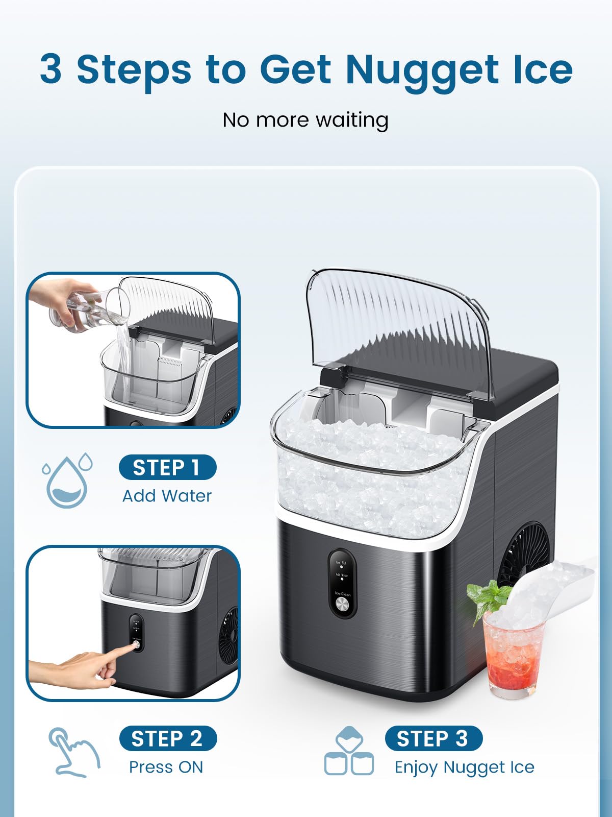 COWSAR Countertop Nugget Ice Maker - 34Lbs/Day Portable Pebble Ice Machine with Self-Cleaning & One-Button Operation for Home, Kitchen, Party - Perfect for Cocktails, Sodas, and Beverage Stations