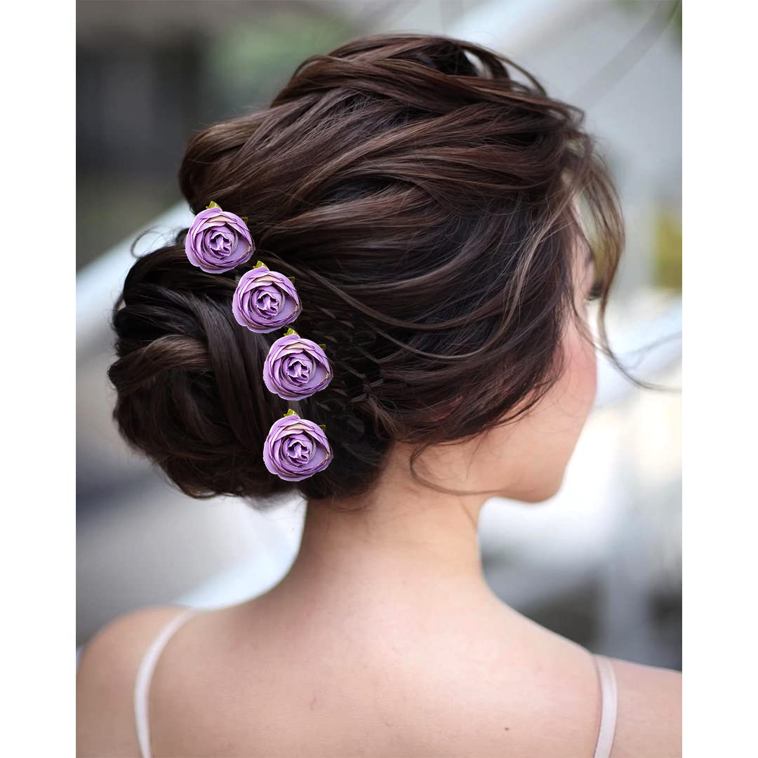 Artificial Rose Flower Hair Pins - Purple Juda Pin Hair Clips for Women, Bridal Hair Accessories, Wedding, Prom, Party, and Everyday Wear
