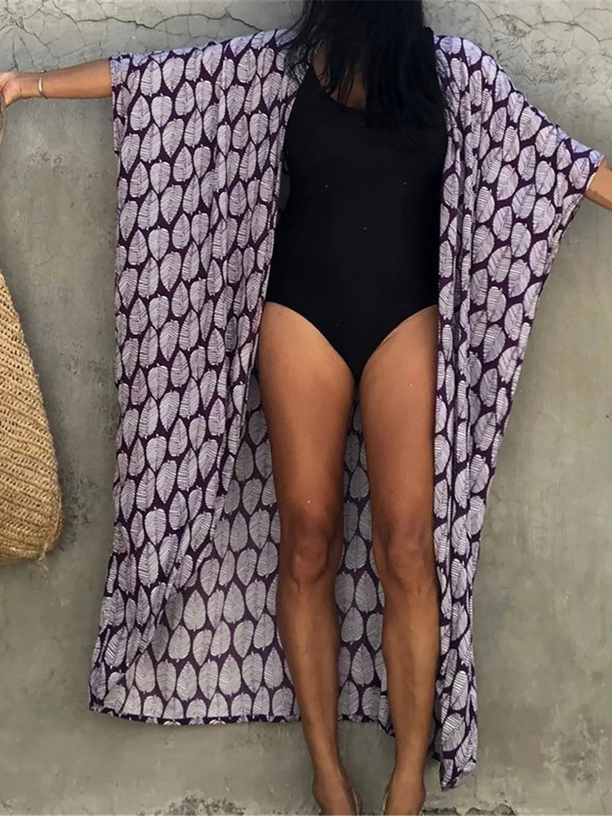 7 Colors Leaf Print Belted Half Sleeve Tunic Beach Cover Up Dress for Women - Perfect for Poolside, Vacation & Summer Outfits (Style V4511)