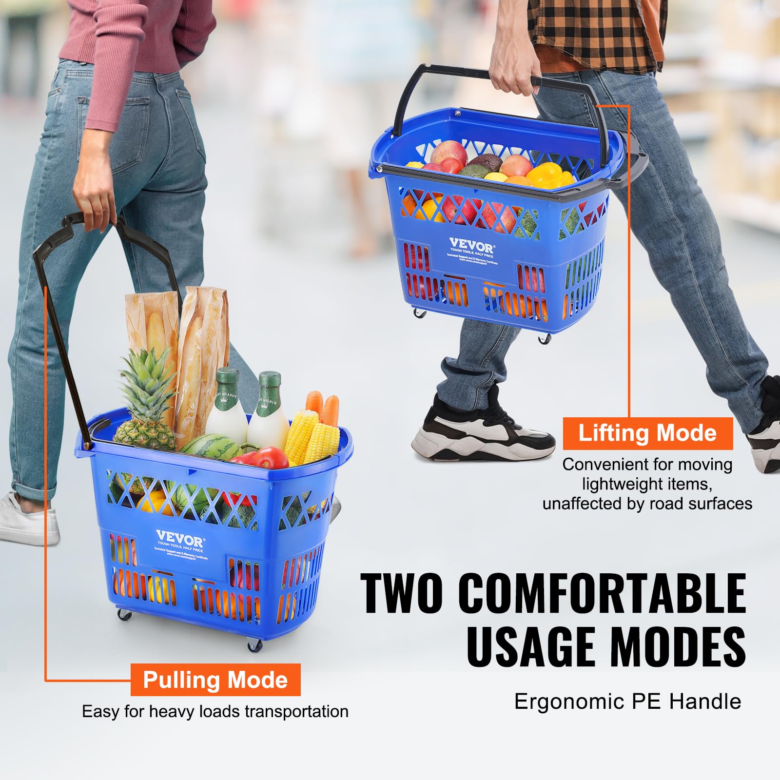 VEVOR 6-Piece 39L Rolling Shopping Baskets with Handles & Wheels - Large Plastic Shopping Cart for Supermarkets, Retail Stores & Grocery Shopping - Portable & Durable for Home, Office & Commercial Use (Blue)