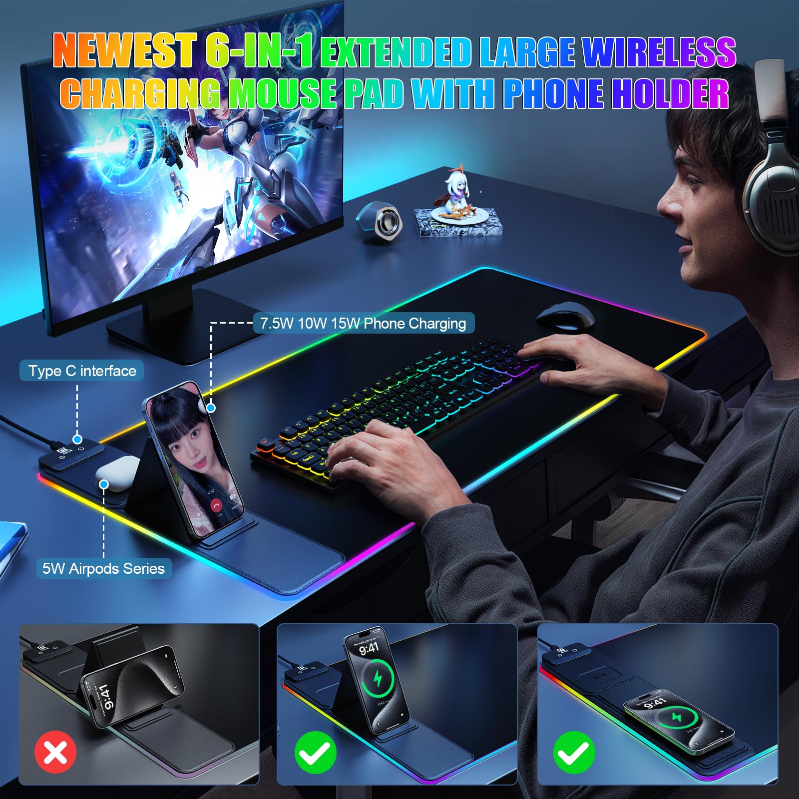 RGB Gaming Mouse Pad with Wireless Charging & Phone Holder - Large Non-Slip Desk Mat for Home Office, Ultra-Smooth Waterproof Surface, Classic Black - Perfect for PC Gaming, Workstations & Streaming Setups