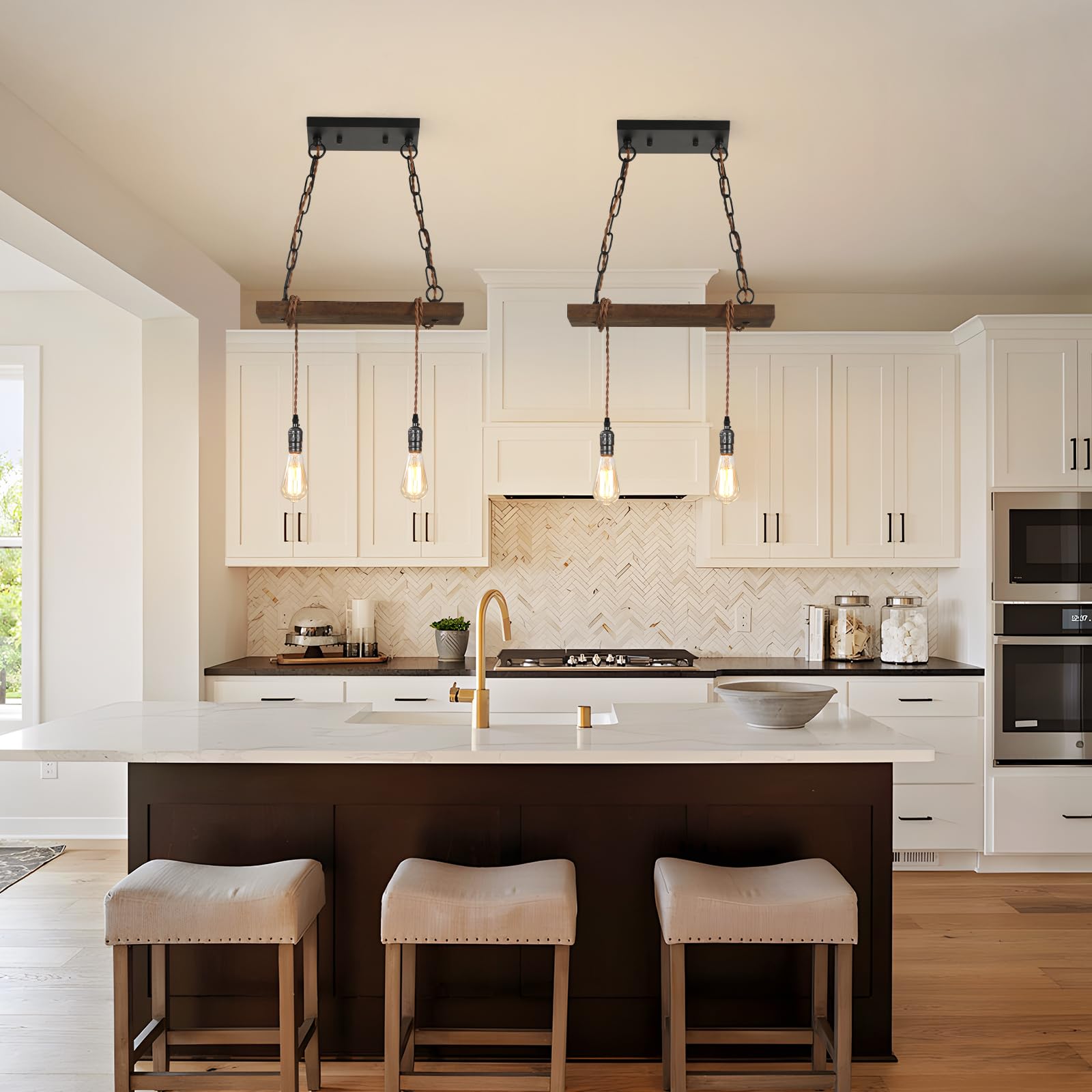 Farmhouse Pendant Lights for Kitchen Island - 2-Light Rustic Wooden Ceiling Hanging Light Fixture with Adjustable Height - Perfect for Dining Room, Bar, Pool Table, Cabin & Farmhouse Decor