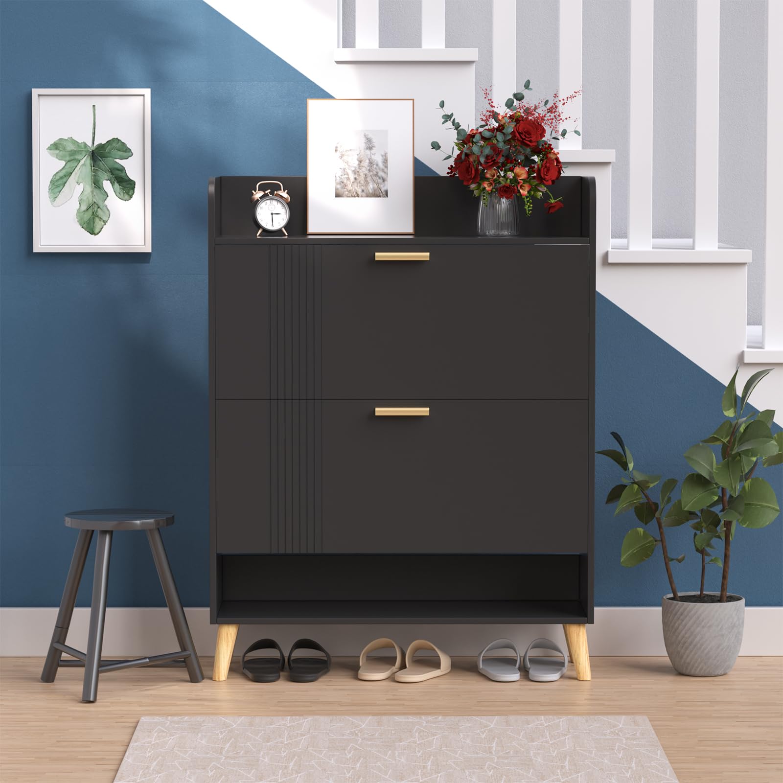 Garden 4 You 2-Drawer Shoe Storage Cabinet with Wooden Legs - Freestanding Shoe Organizer for Entryway, Hallway, Living Room & Bedroom - Space Saving Narrow Shoe Rack for Small Spaces (Black) - Perfect for Apartment Dwellers & Home Organization