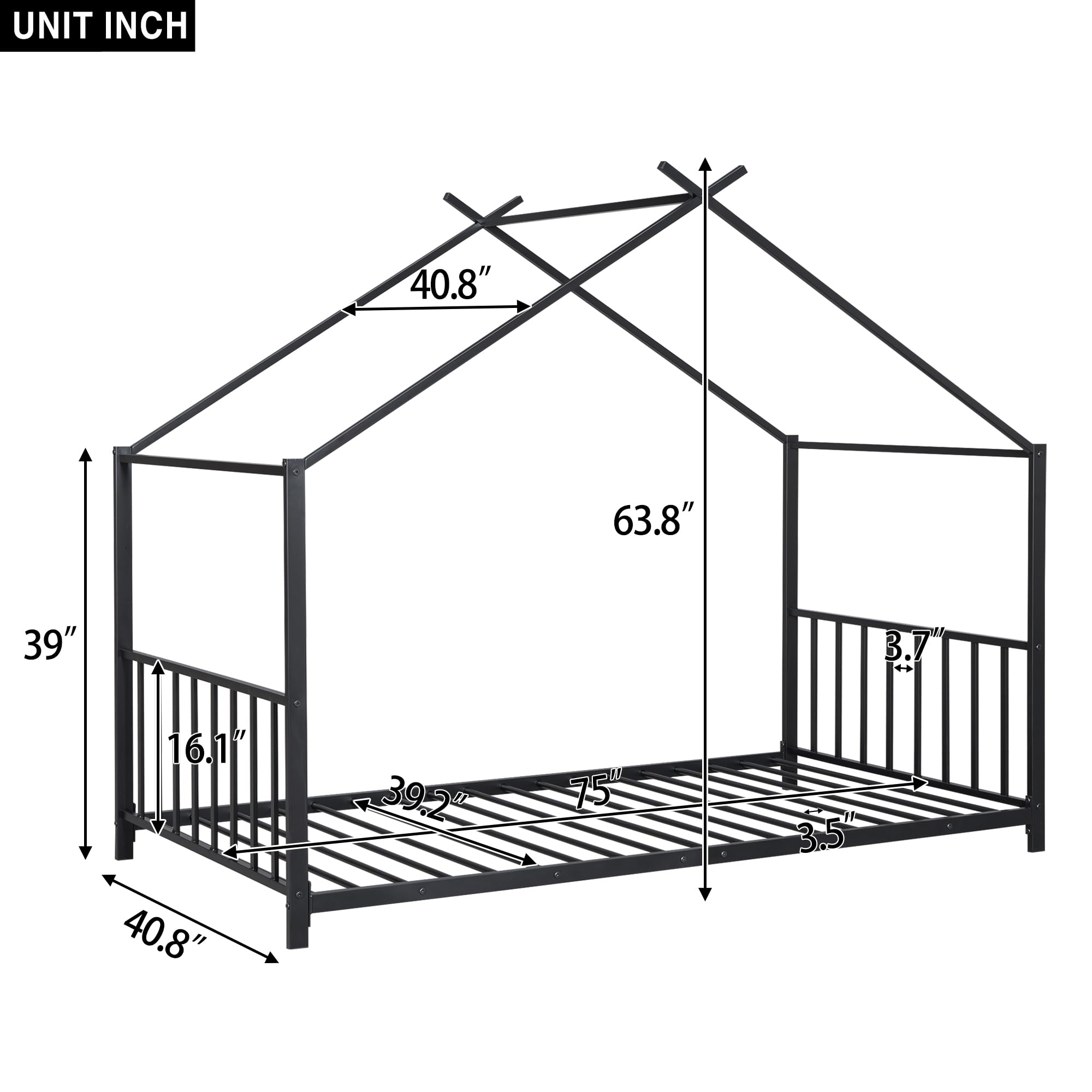 Montessori Twin Size Floor Bed for Kids - Sturdy Metal Frame with High Headboard & Roof Design - Perfect for Boys & Girls Bedrooms (Black) - Ideal for Montessori Learning & Cozy Sleep Spaces