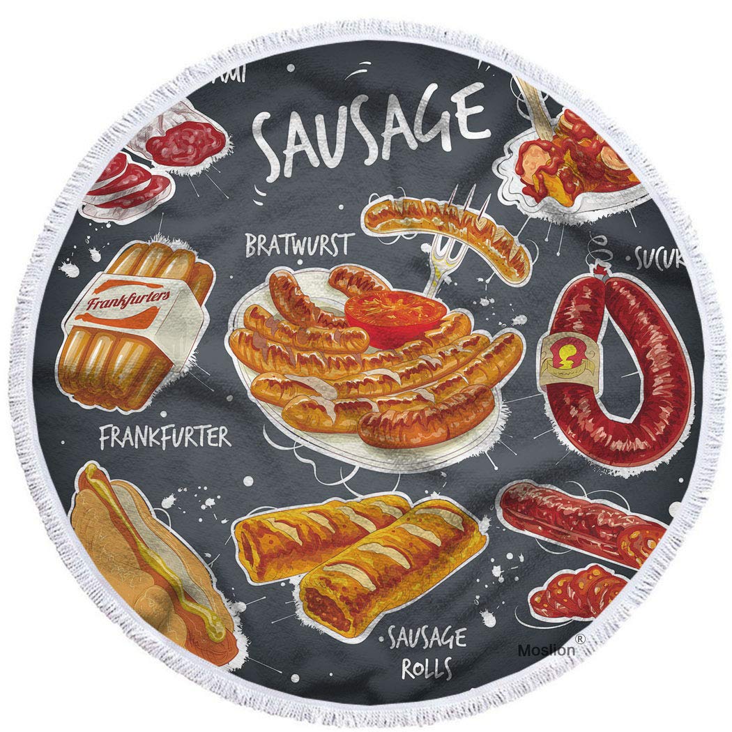 Moslion Oversized 63-Inch Round Beach Towel - Hand-Drawn Salami & Hot Dog Design - Soft Microfiber Polyester for Pool, Picnic & Summer Fun