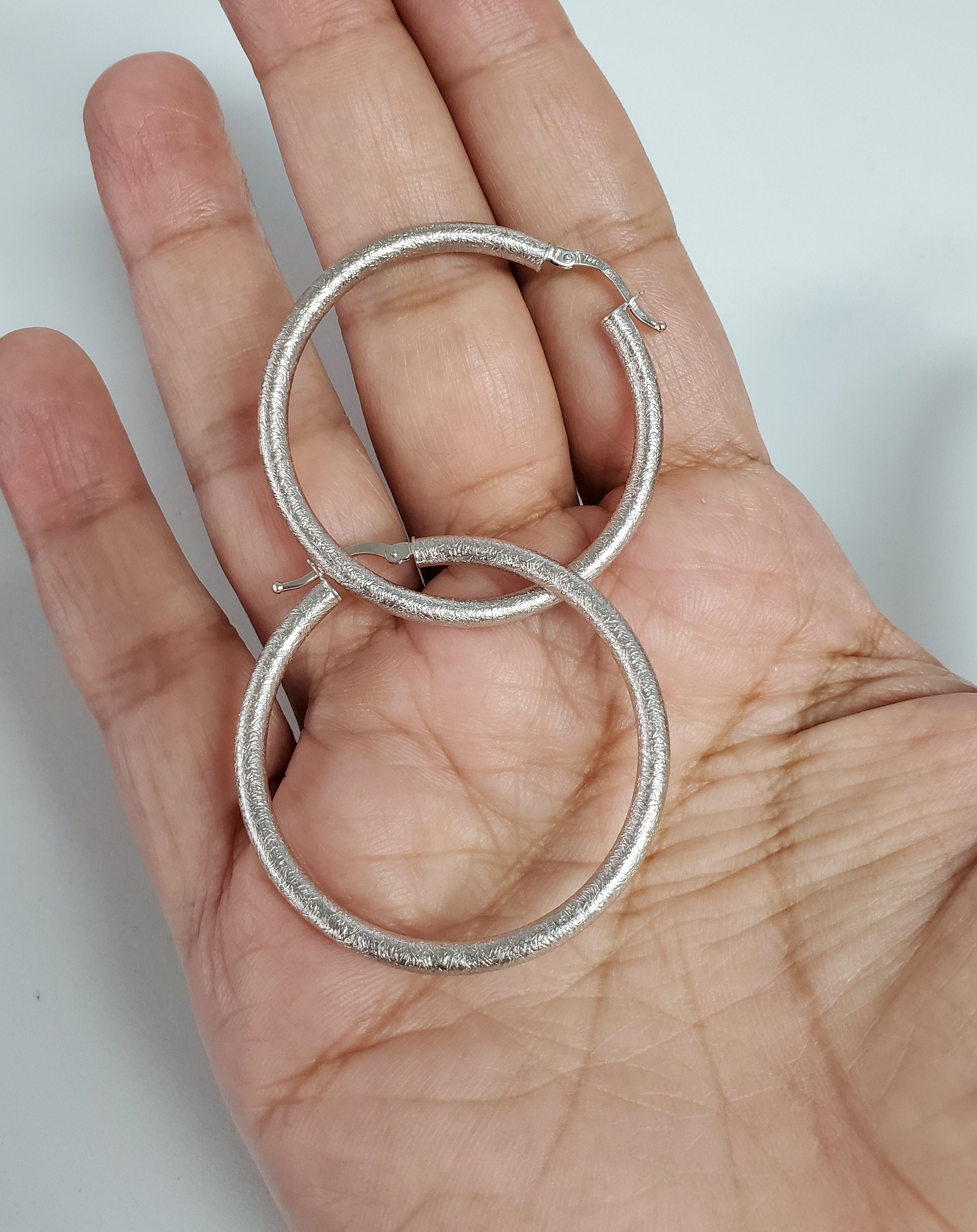 14K White Gold Sand Textured Hoop Earrings - 34mm & 40mm Size Options - Perfect for Everyday Wear, Date Nights & Special Occasions