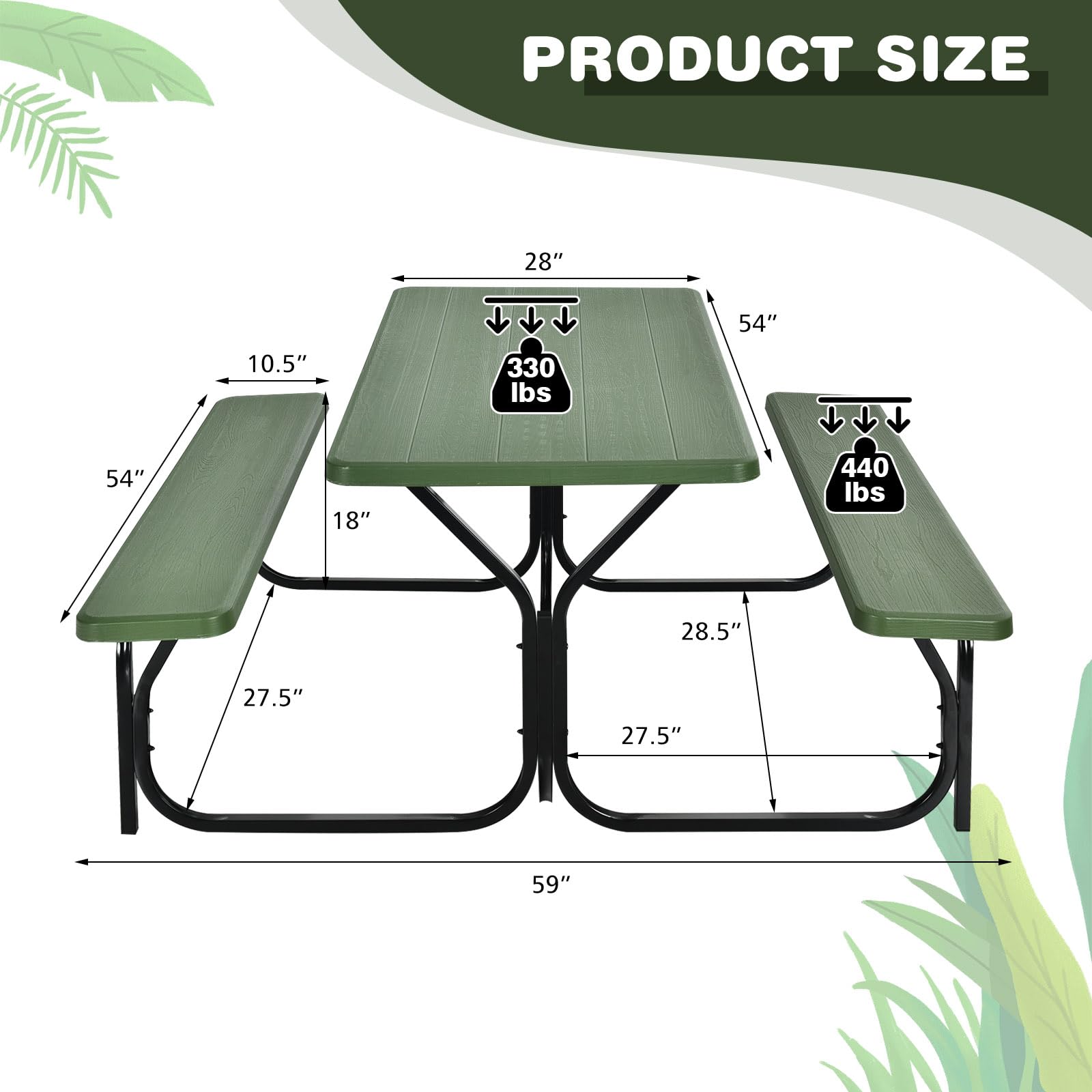 Moccha Portable Plastic Picnic Table Bench Set with Steel Frame & Wood-Like Texture - Heavy Duty All-Weather Outdoor Dining Set for Garden, Patio, Backyard, Camping and Party Gatherings (Green)