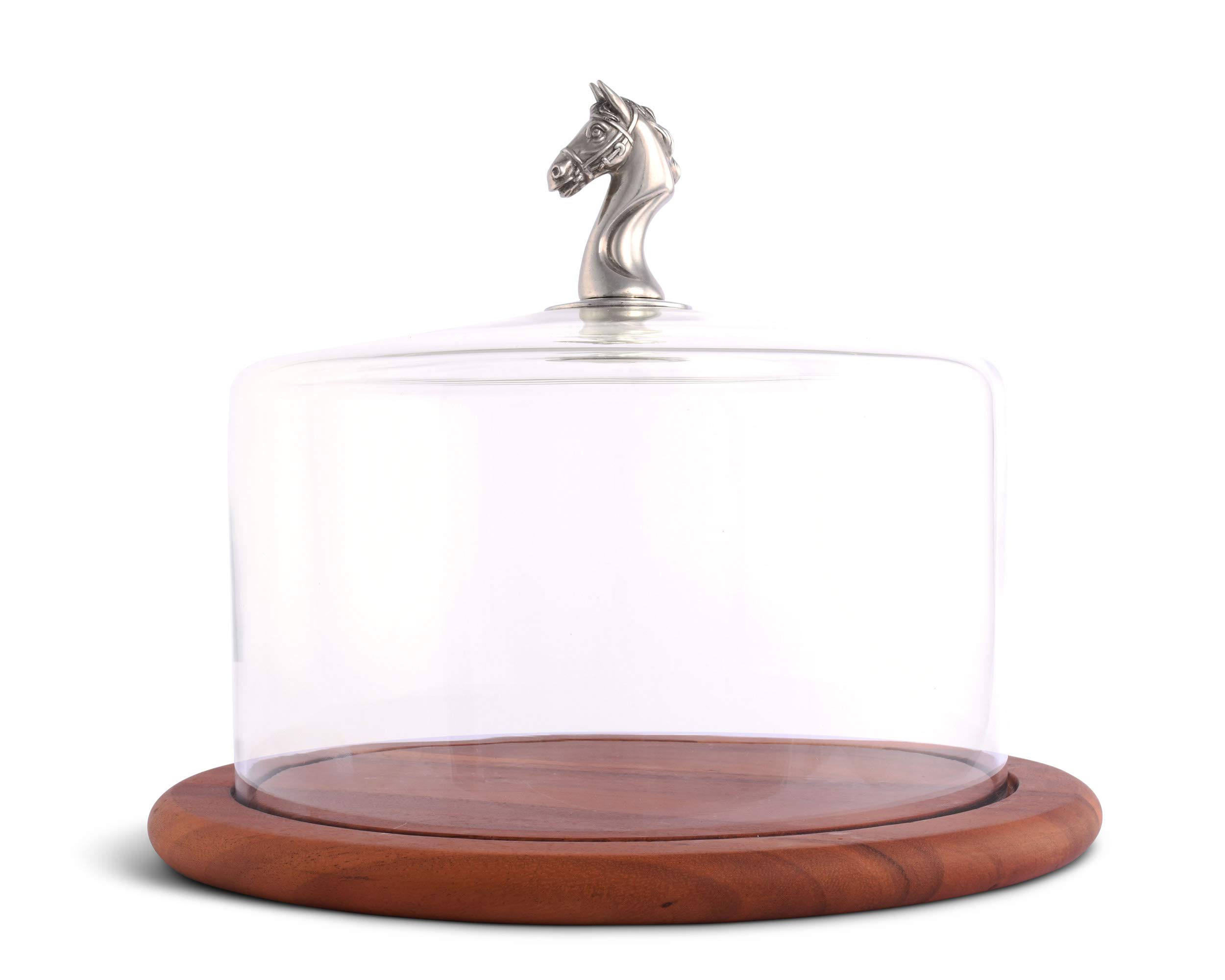 Handcrafted Wood Cheese & Display Board with Glass Dome Cover - Solid Pewter Horse Knob, 13