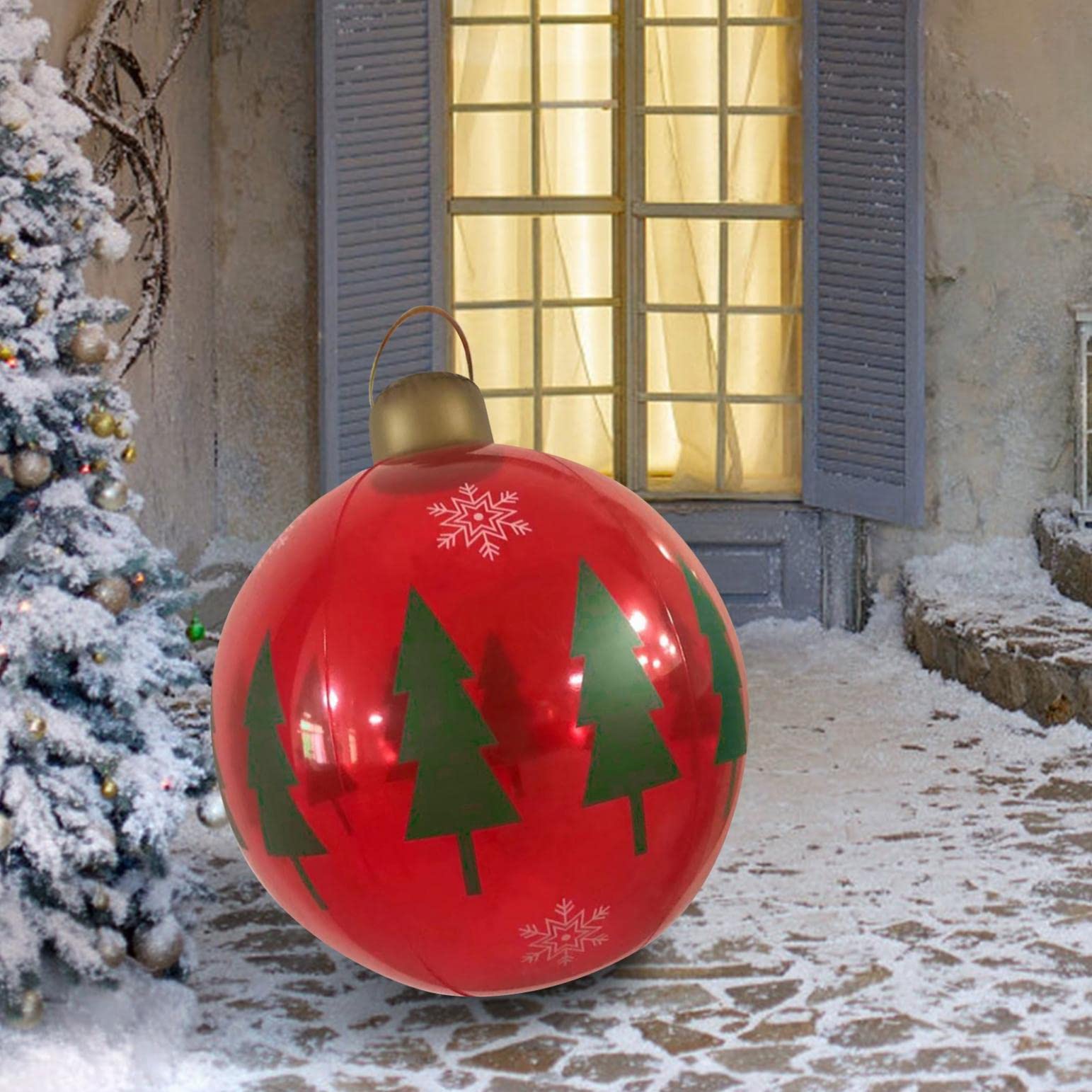 23.6 Inch Christmas Inflatable Decorated Ball with Pump - Snowman & Tree Pattern PVC Holiday Decor for Outdoor Yard, Garden, and Party Decoration