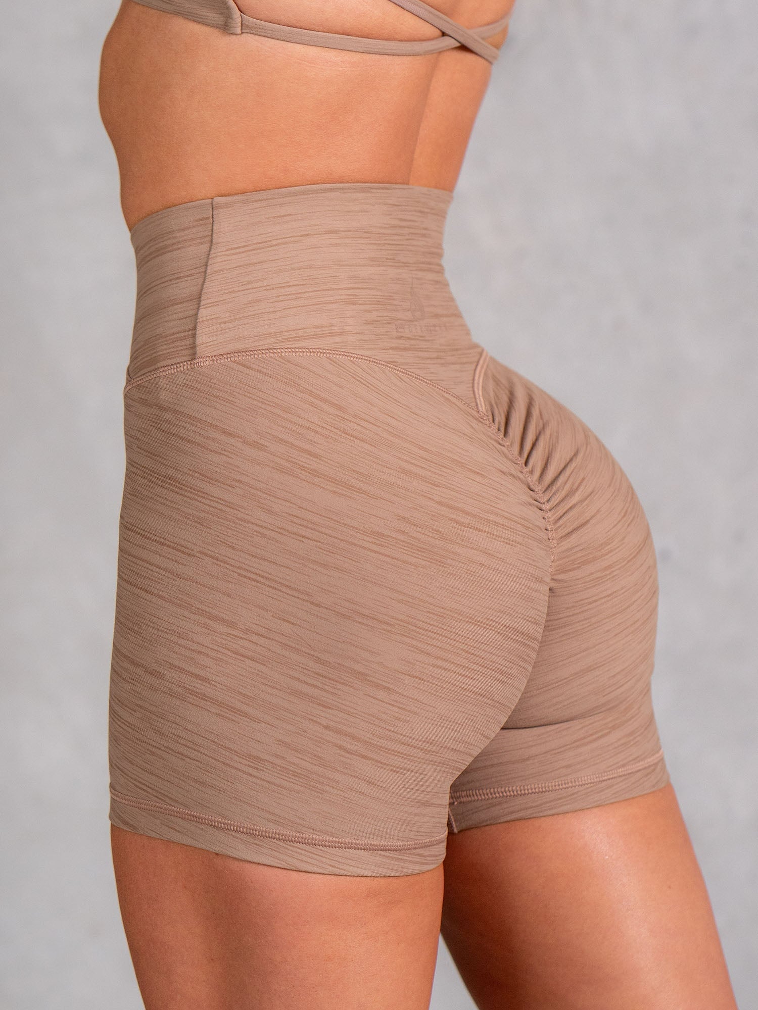 Icon Cross Over Scrunch Shorts for Women - High Waisted Yoga Shorts with Pockets, Mocha Marl - Perfect for Workouts, Running, Yoga & Lounge Wear