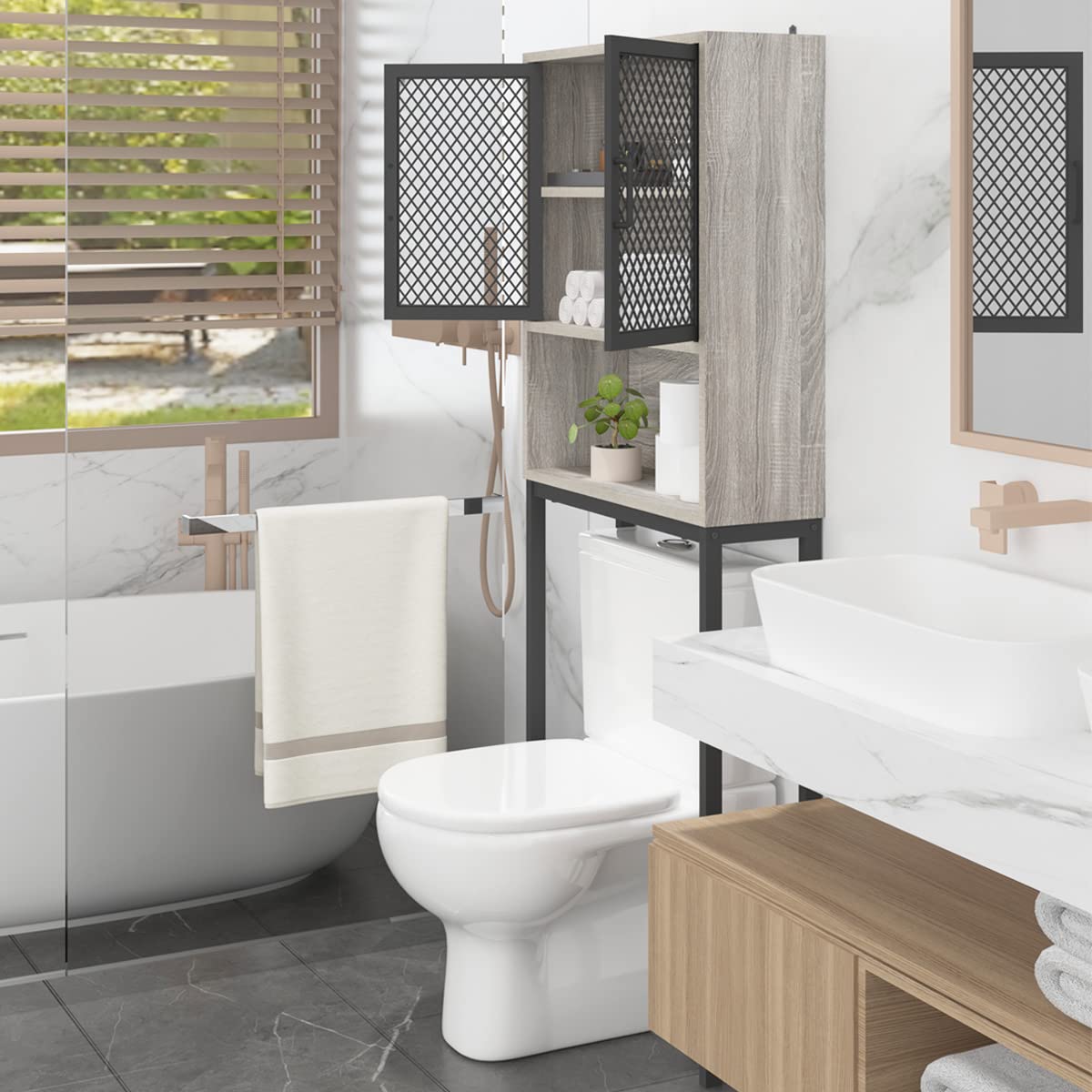 Over The Toilet Storage Cabinet - Industrial Metal & Wood Bathroom Space Saver Organizer with Shelves - Freestanding Rack Behind Toilet in Light Grey Oak - Perfect for Small Bathrooms & Apartment Storage Solutions