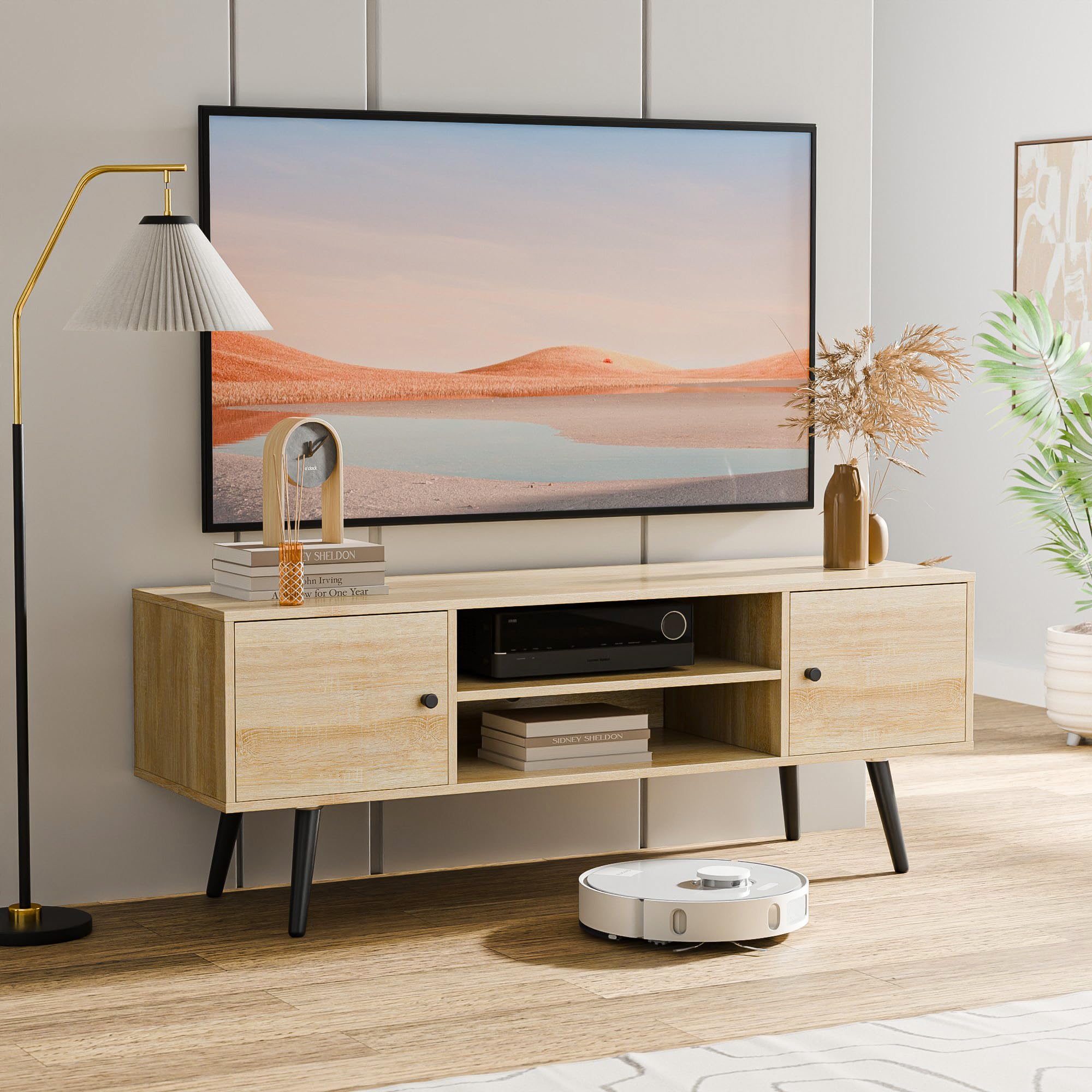 Mid Century Modern TV Stand for 55-60 Inch TVs - Cozy Castle Entertainment Center with Storage, Media Console Table for Living Room, Bedroom & Office - Perfect for Home Theater Setup and Stylish Home Decor