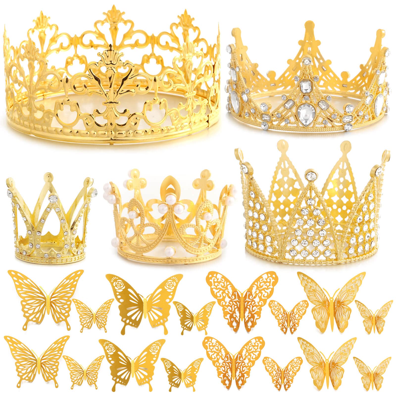53 Pcs Flower Bouquet Accessories Set - 5 Gold Crowns & 48 Gold Butterflies for Wedding Bouquets, Birthday Cakes, Baby Showers - DIY Floral Arrangement & Party Decorations