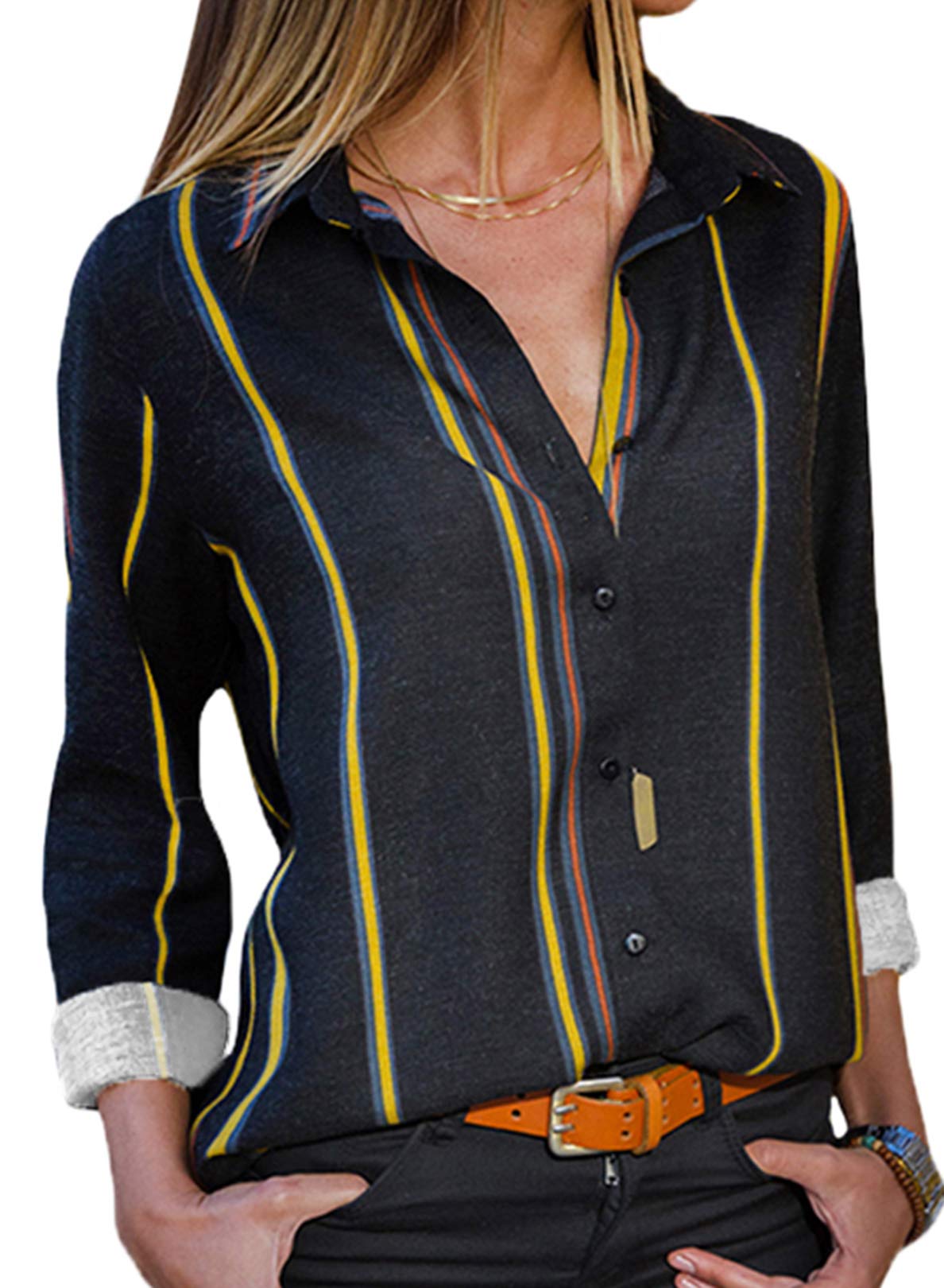 Women's Striped V-Neck Button Down Tunic Blouse with Roll-Up Sleeves & Pockets | Casual Office Wear & Spring Outfits