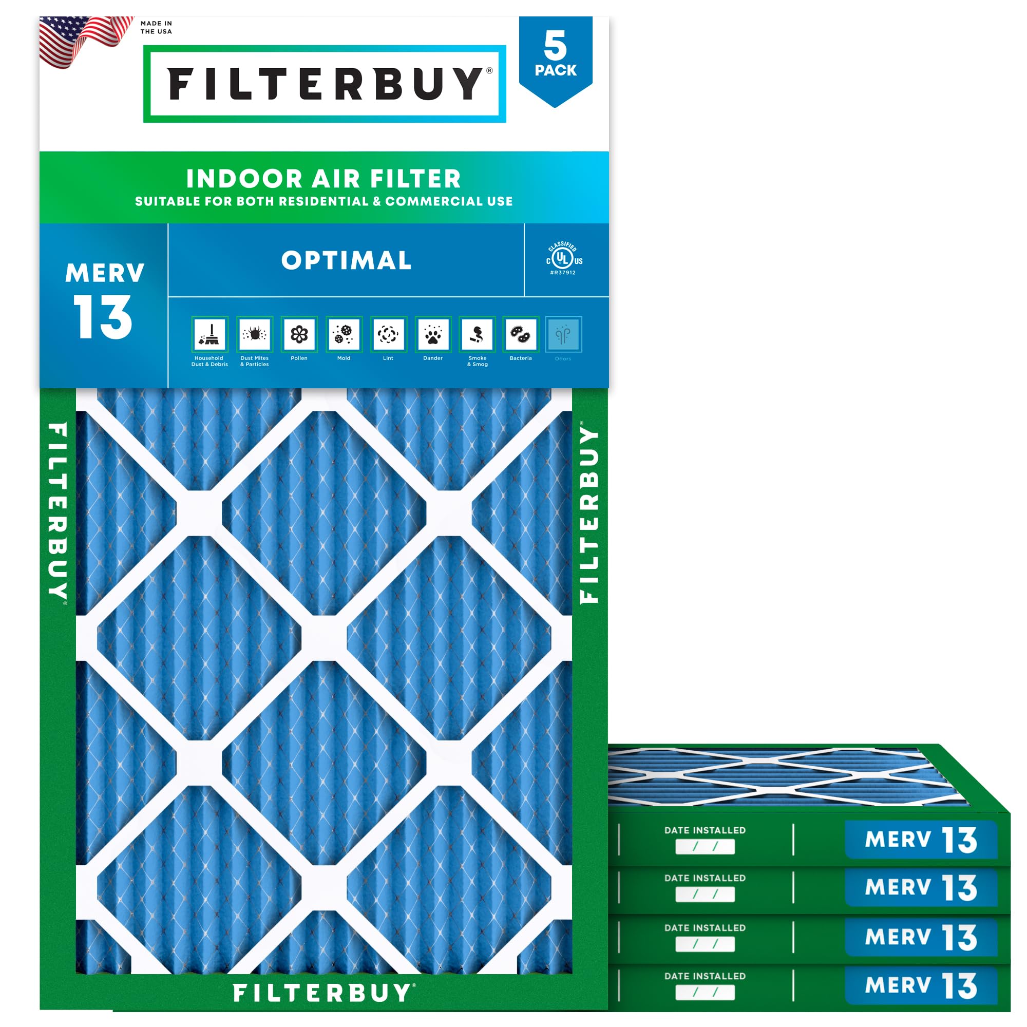 Filterbuy 13x25x1 MERV 13 Air Filter 5-Pack - Premium Pleated HVAC Furnace AC Replacement Filters (12.50x24.50x0.75 Inches) for Home, Office & Allergy Relief