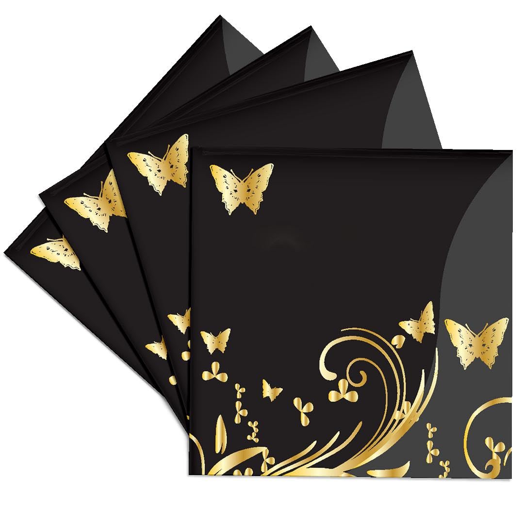 3D Rose Gold Butterflies & Flourishes Ceramic Tile Coasters Set of 4 - Elegant Two-Tone Charcoal Background - Perfect for Home Decor, Coffee Table & Gift Giving