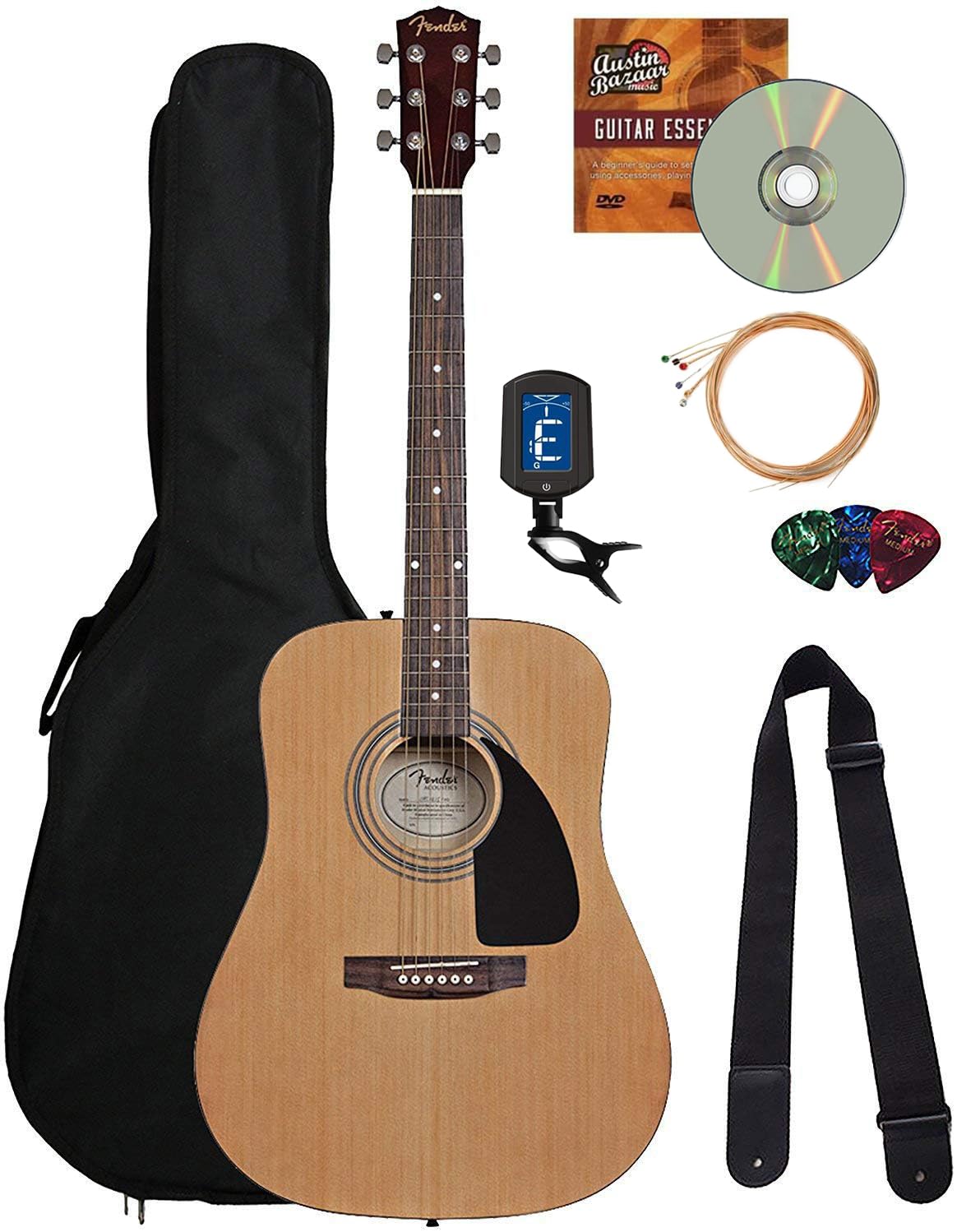 Fender Dreadnought Acoustic Guitar Natural Bundle with Online Lessons, Gig Bag, Tuner, Strings, Strap & Picks - Perfect for Beginners, Campfire Jams & Home Recording Studios