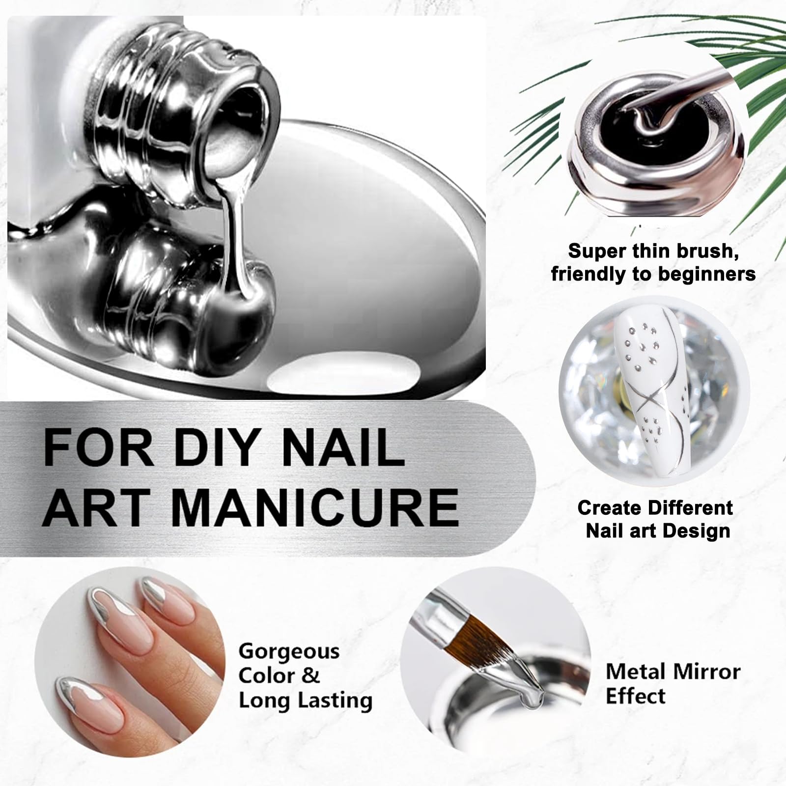 Metallic Chrome Gel Polish - Silver Mirror UV/LED Soak Off Nail Art Liner with Built-in Thin Brush for Salon & Home DIY Manicure | Perfect for Nail Art Designs, French Tips & Creative Nail Painting