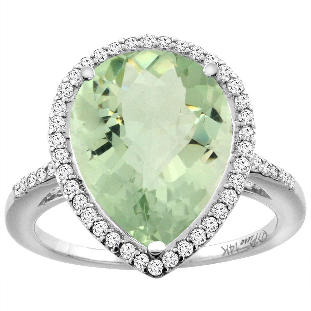 14K White Gold Pear Cut Natural Green Amethyst & Diamond Engagement Ring (16x12mm) - Size 5-10 | Elegant Wedding, Proposal & Anniversary Jewelry Gift for Her
