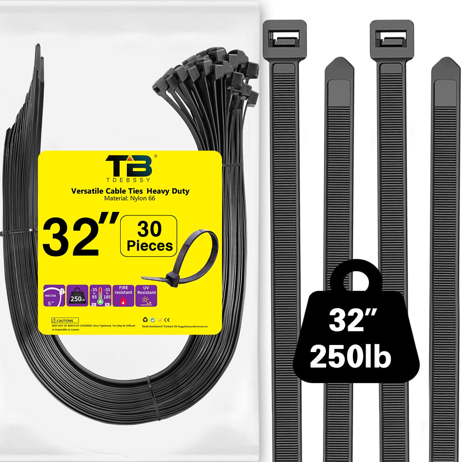 Heavy Duty 32 Inch Extra Large Zip Ties - 250 lbs Capacity Black Plastic Cable Ties (30 Pack) for Home, Office, Garage, Workshop - Perfect for Organizing Wires, Securing Cables & DIY Projects