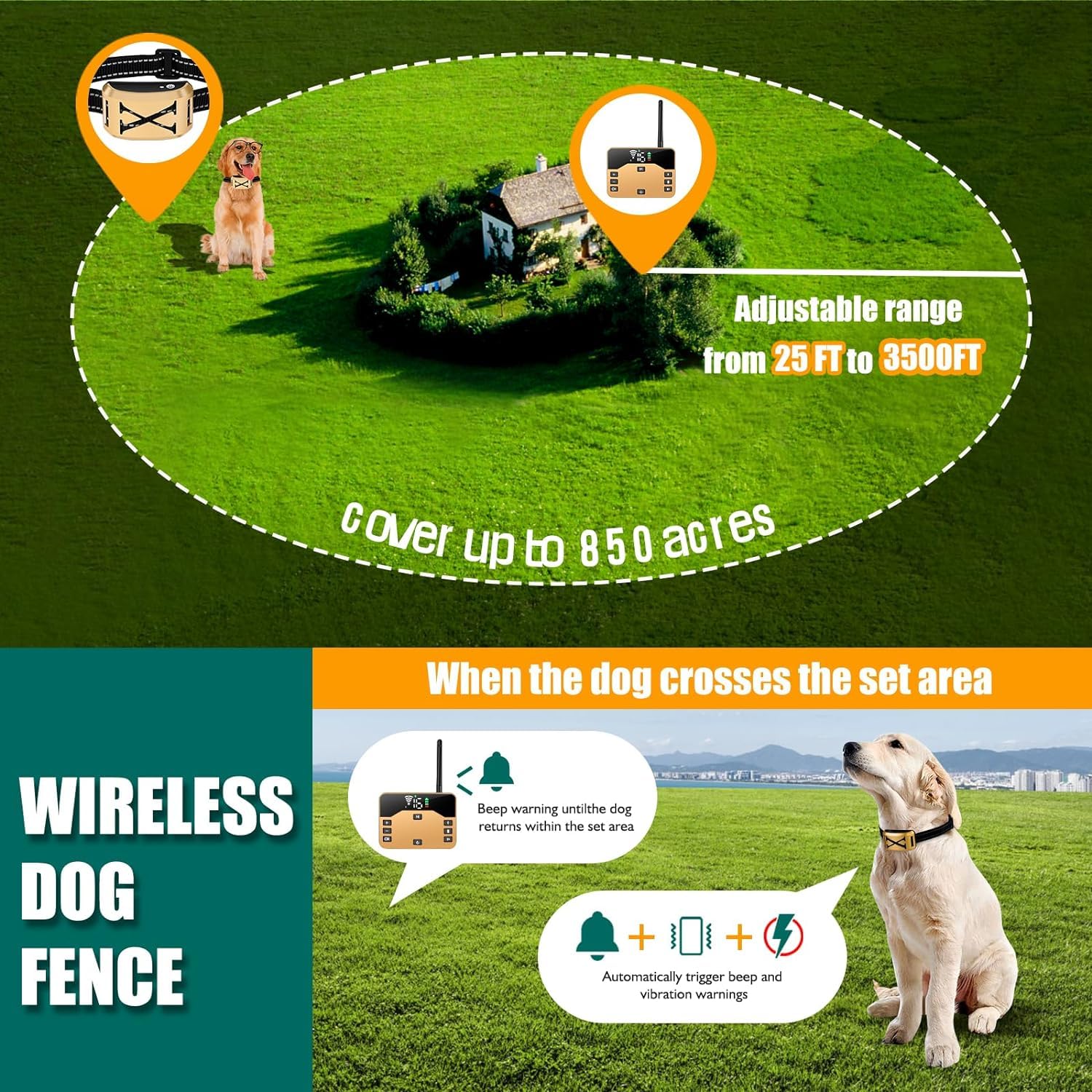 ABHY Wireless Dog Fence System - Adjustable Electric Pet Fence & Training Collar Remote (2023 Model) for Large & Medium Dogs | Indoor/Outdoor Use, Backyard Containment, Dog Training Solution