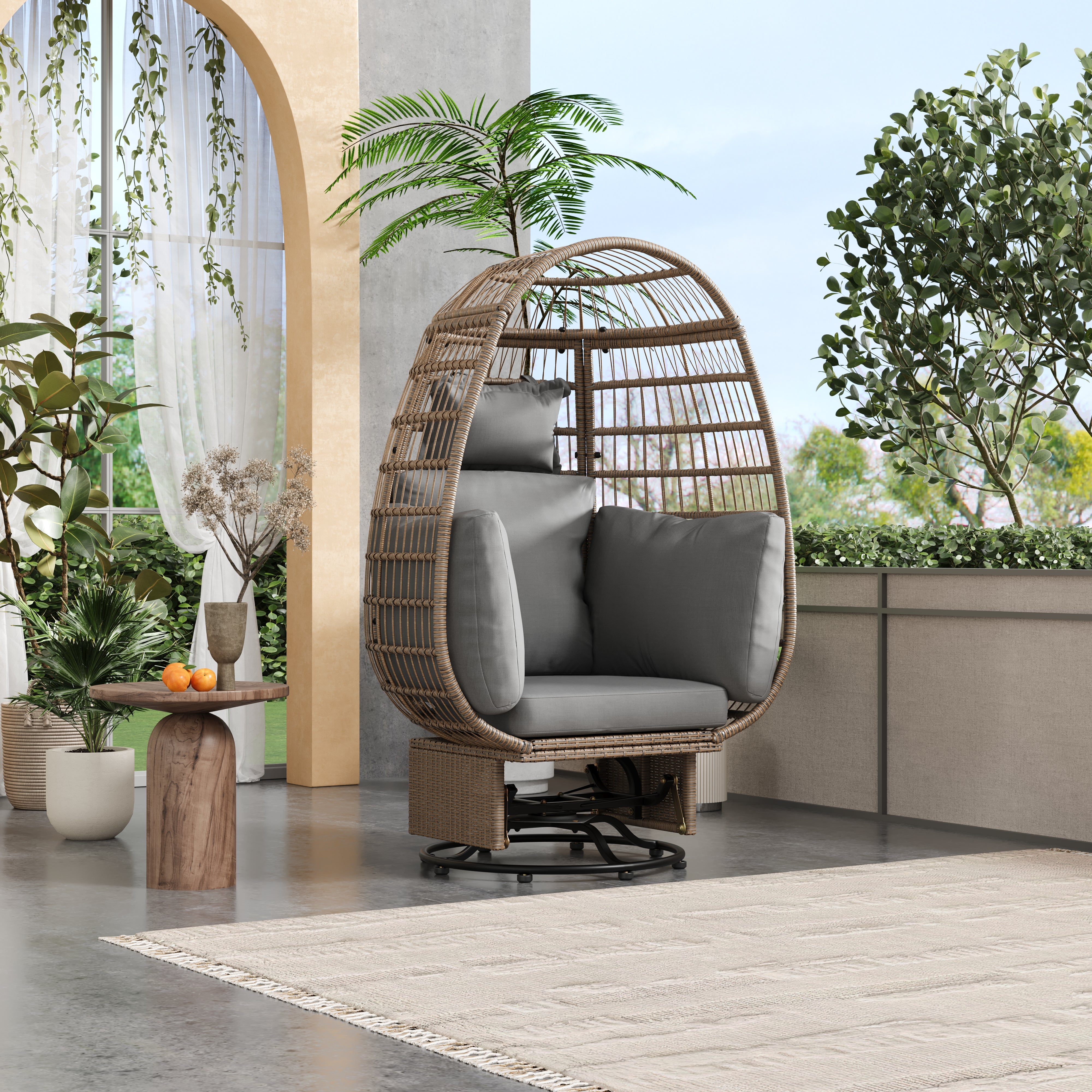 Outdoor Swivel Rocking Chair with Cushions - Rattan Egg Patio Chair for Balcony, Poolside, Garden - Perfect for Relaxing, Lounging & Sunbathing
