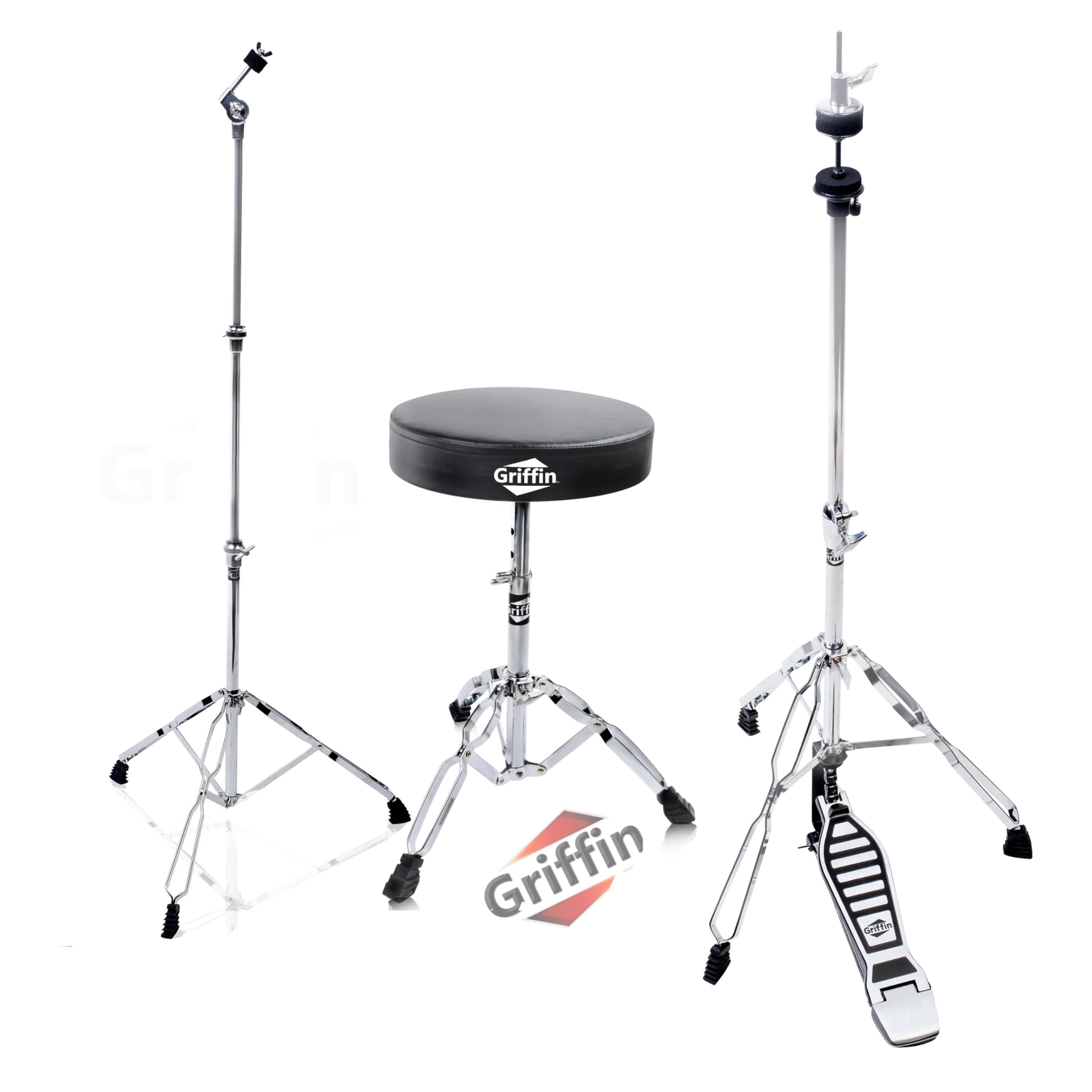 Premium Drum Hardware 3-Piece Set - Hi-Hat Stand, Drum Throne & Straight Cymbal Stand | Heavy Duty Chrome Drum Accessories with Non-Slip Base for Crash, Ride & Splash Cymbals | Perfect for Live Performances, Studio Recording & Drum Practice Sessions