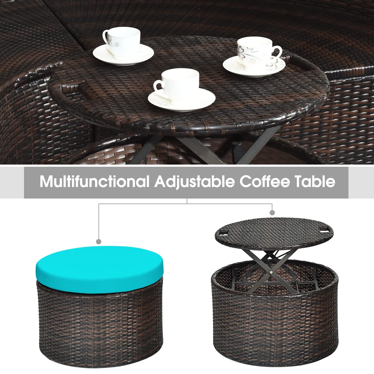 Tangkula Patio Round Daybed with Retractable Canopy - Outdoor Wicker Rattan Furniture Set with Cushioned Sectional Sofa & Adjustable Height Coffee Table - Turquoise Rattan Conversation Set for Garden, Poolside & Backyard Relaxation