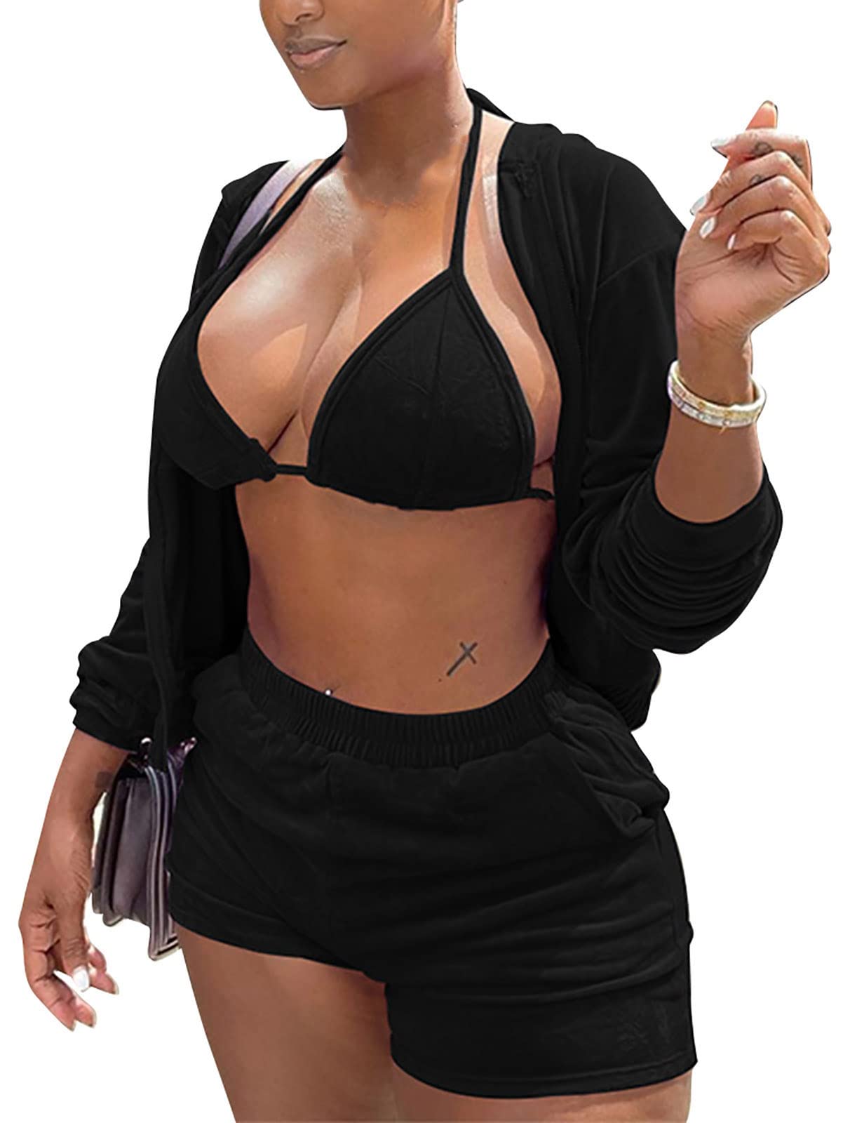 Women's Soft Velvet 2 Piece Tracksuit Set - Long Sleeve Hoodie & Lounge Shorts | Cozy Loungewear for Home, Yoga & Casual Outfits