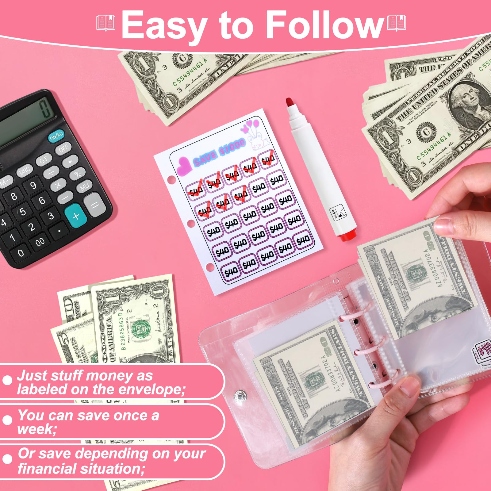 AIERSA 1000 Savings Challenge Mini Binder with Cash Envelopes - Portable Money Saving Budget Organizer for Cash Stuffing | Reusable Cute Style Budget Book | Perfect for Personal Finance, Envelope System & Savings Goals