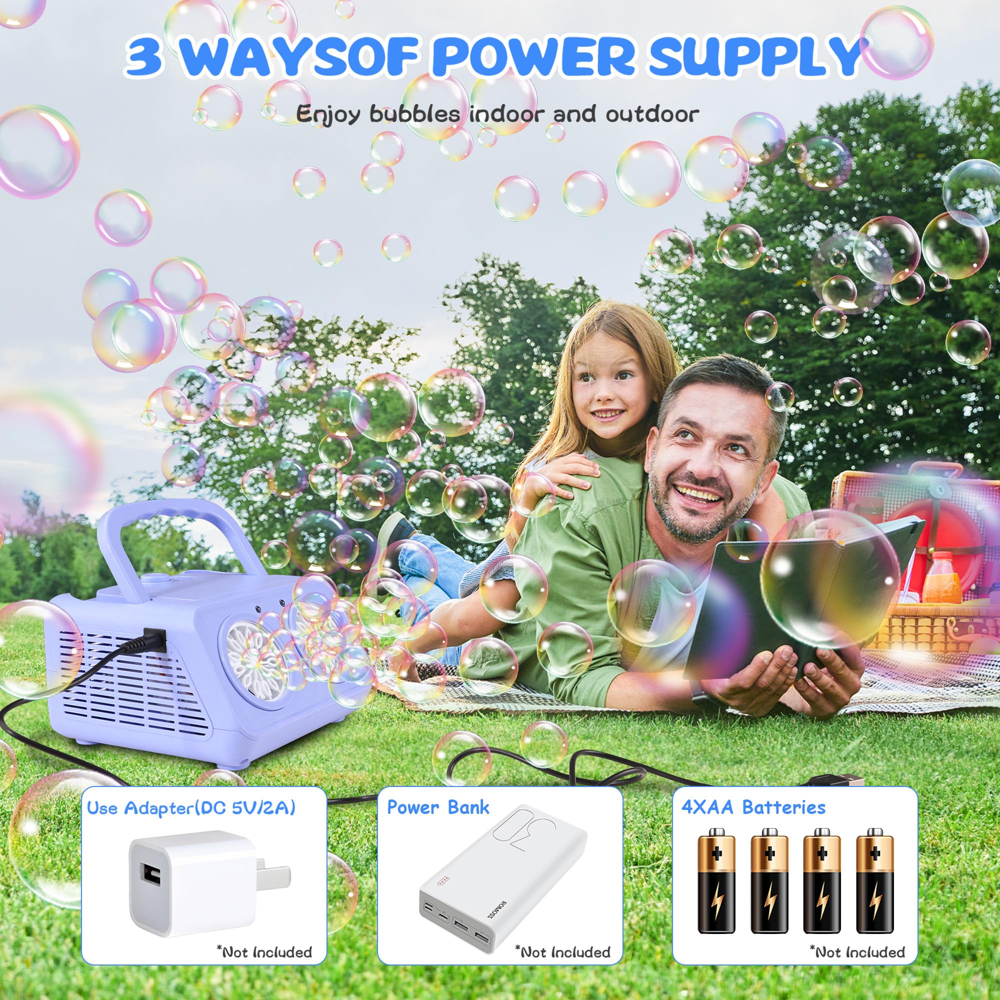 Upgraded SHCKE Bubble Blower Machine with 2 Fans - 20,000+ Bubbles Per Minute, Automatic Bubble Maker for Kids (Plug-in & Battery Powered) - Perfect for Indoor/Outdoor Birthday Parties, Backyard Play, and Summer Festivals