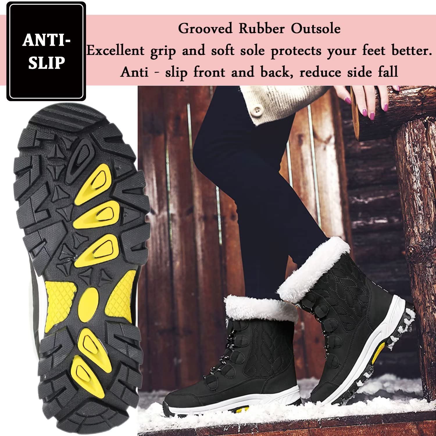 Tanleewa Women's Waterproof Faux Fur Winter Snow Boots - Mid Calf Warm Snow Boots with Anti-Slip Sole for Outdoor Activities, Hiking & Cold Weather Fashion