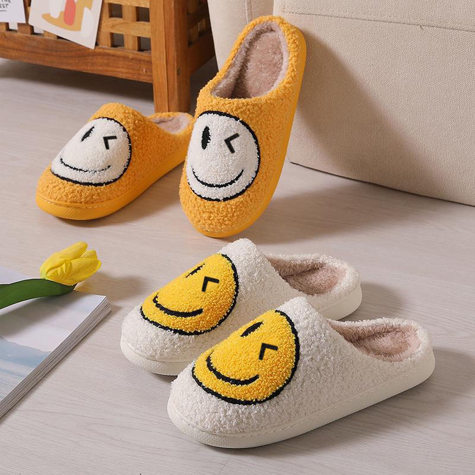 Geibiu Women's Retro Plush House Slippers - Soft Fuzzy Smile Face Indoor/Outdoor Slippers for Warm Cozy Comfort | Perfect for Home, Dorm, Lounge & Casual Wear