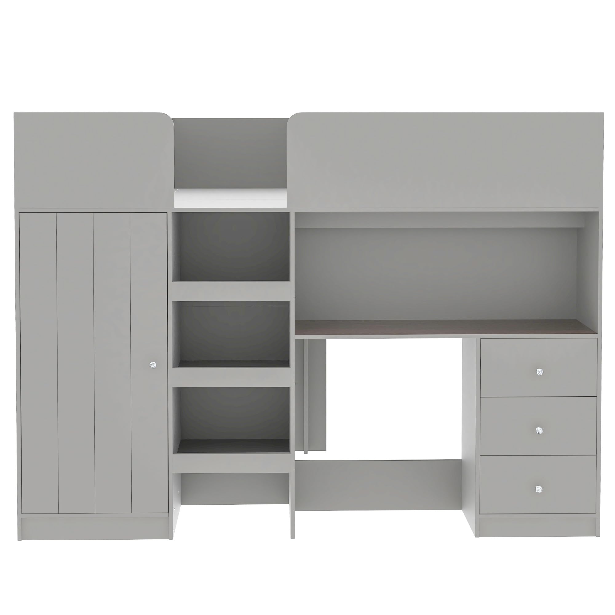 Full Size Loft Bed with Built-in Wardrobe & Desk - Sturdy Wooden Bed Frame with Storage Shelves & Drawers - Space Saving Kids Bedroom Furniture for Boys, Girls & Teens - Easy Assembly - Grey - Perfect for Small Rooms, Dormitories & Shared Spaces