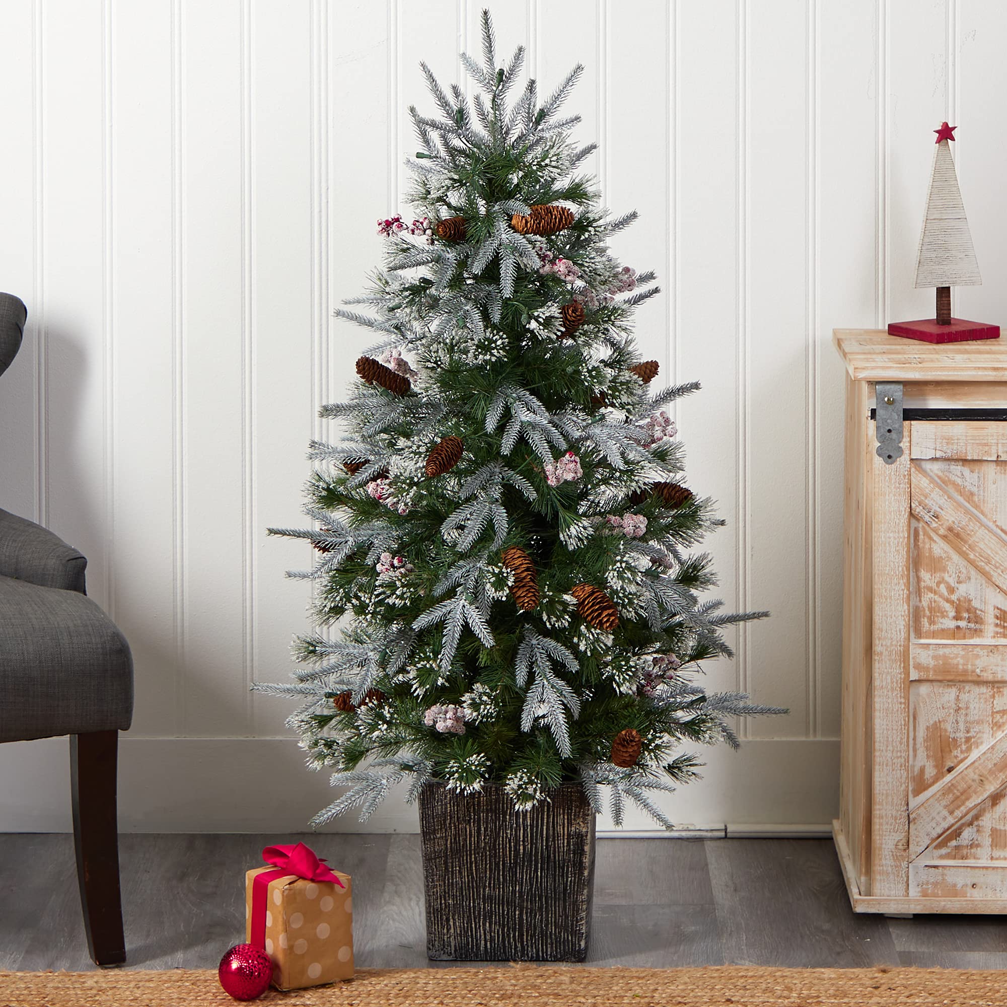Nearly Natural 4ft Pre-Lit Frosted Artificial Christmas Tree with 105 Warm White LED Lights & Berries in Decorative Planter - Perfect for Home, Office, and Holiday Decorations