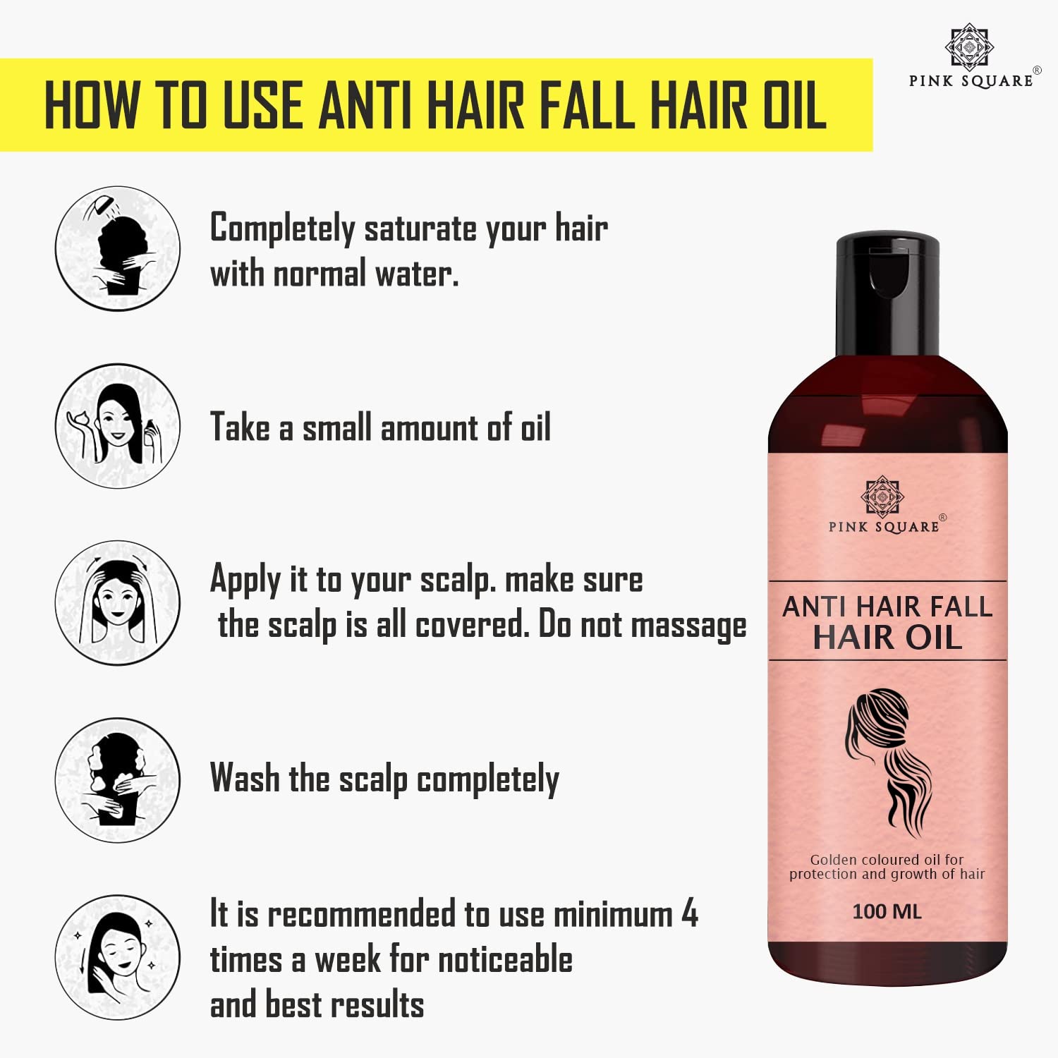 Pink Square Anti-Hair Fall Hair Oil - Non-Sticky Formula with Bhringraj & Amla for Hair Growth & Hair Loss Prevention - 100ml (Pack of 1) - Ideal for Daily Hair Care Routine for Women & Men