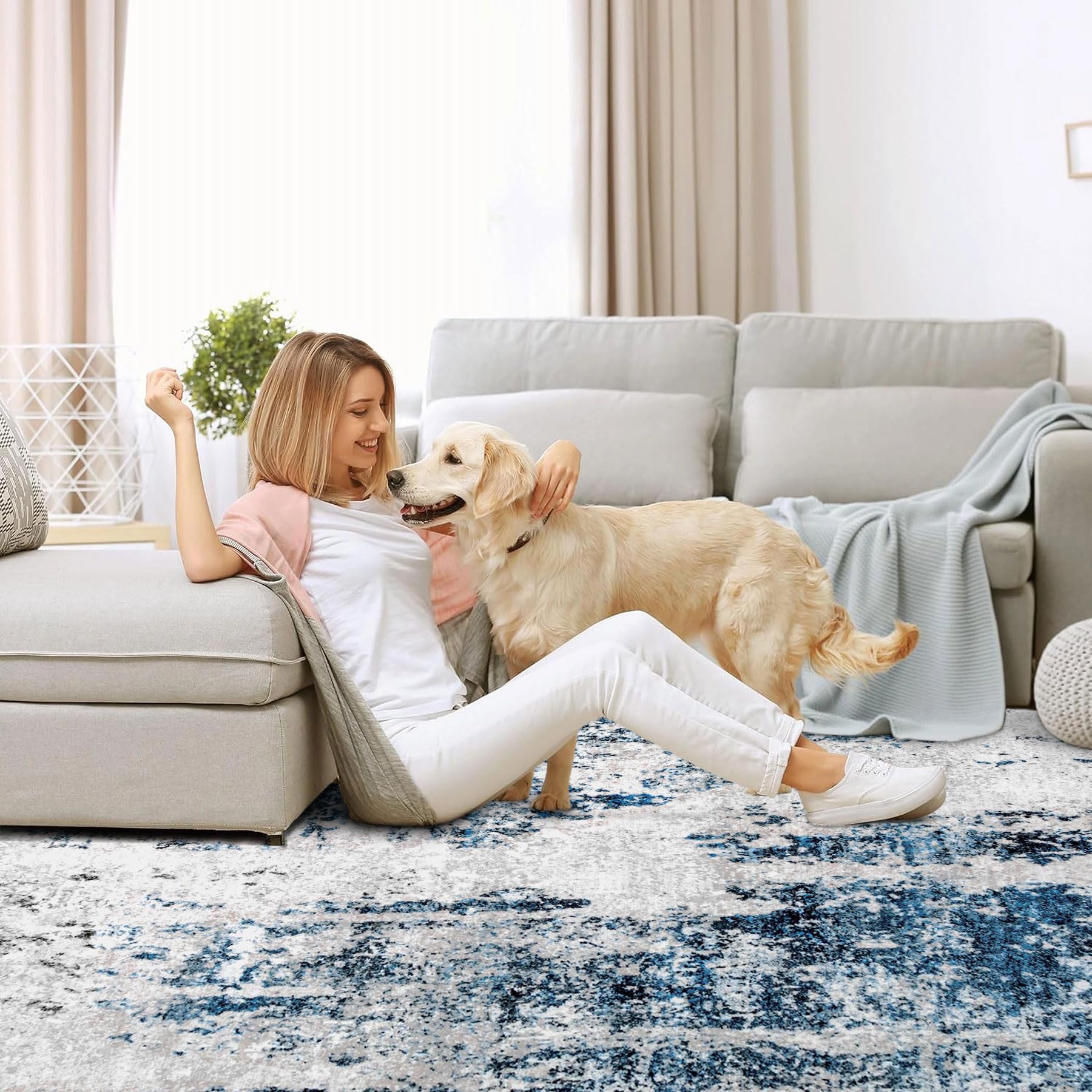 5x7 Washable Non-Slip Area Rug - Soft Low-Pile Abstract Modern Carpet for Living Room, Bedroom, Office & Dining Room | Grey Blue Indoor Floor Mat | Perfect for Home Decor, Cozy Spaces & High-Traffic Areas
