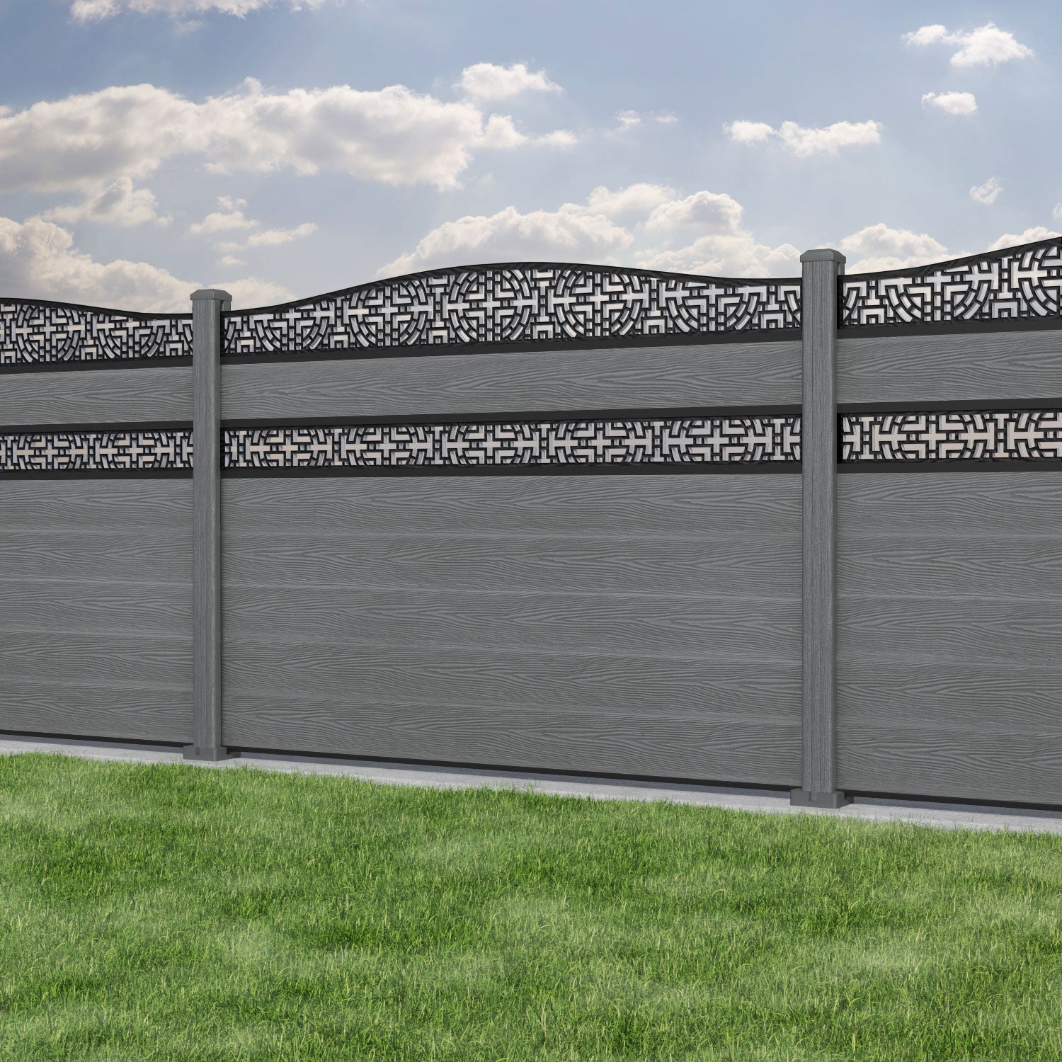 Classic Kumo Curved Top Split Screen Fence Panel - Mid Grey Composite Privacy Fencing with Durable Posts | Perfect for Backyard, Garden, and Patio Enclosures
