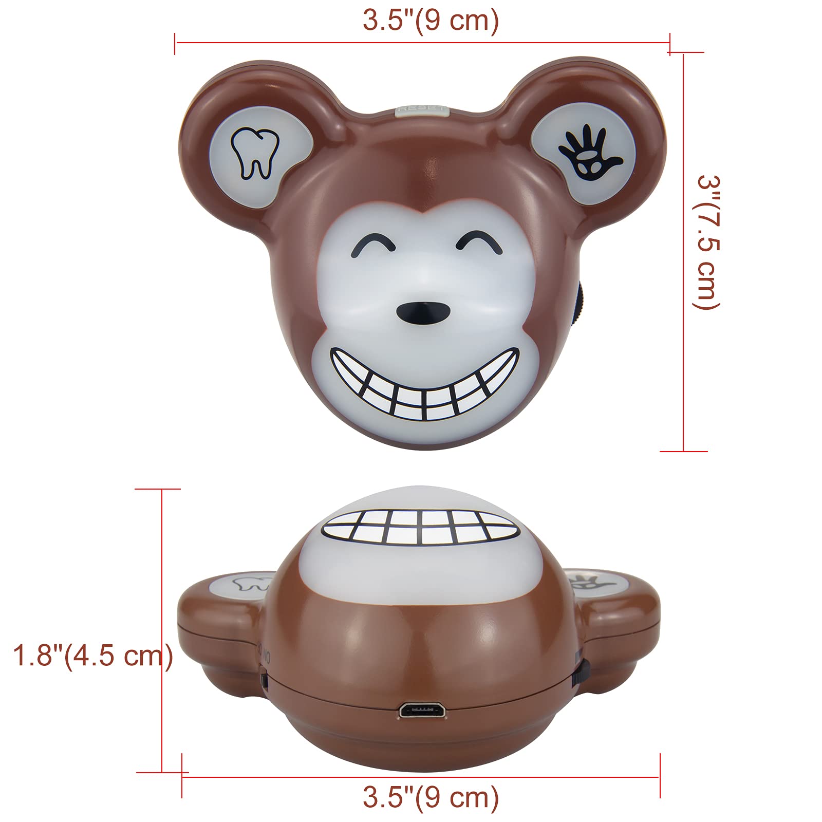 LUXSWAY Cute Animal Toothbrush Timer for Kids - 2 Minute Musical Timer with LED Lights, 20 Second Hand Washing Trainer, Rechargeable Visual Timer for Teeth Brushing & Hygiene Routine (Monkey Design) - Perfect for Bathroom, Preschool & Montessori Learning