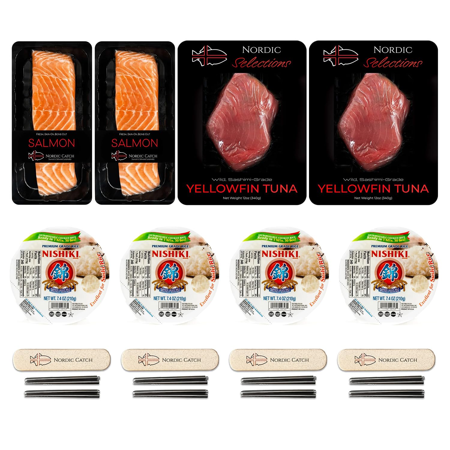 Premium Sashimi-Grade Salmon & Yellowfin Tuna Bundle - Fresh, Never Frozen, Sustainably Sourced Seafood for Sushi Making | Includes 90-Second Sushi Rice & Stainless Steel Chopsticks | Perfect for Family Sushi Nights, Dinner Parties & Japanese Cuisine Lovers
